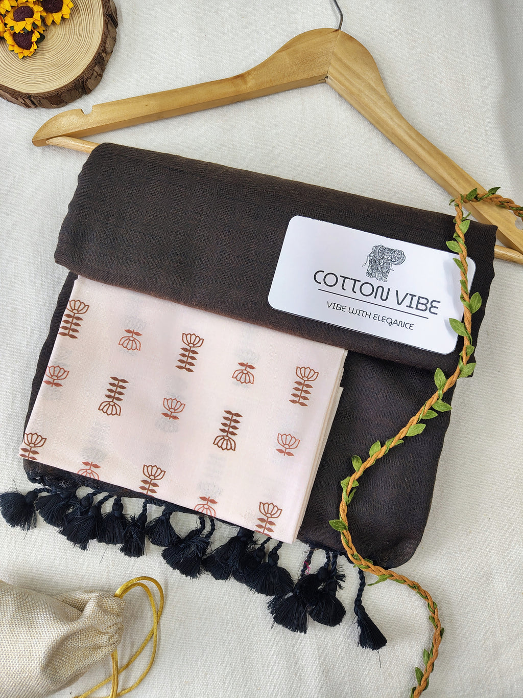 Brown Cotton Khadi Saree With Designer Flower Based Printed Blouse