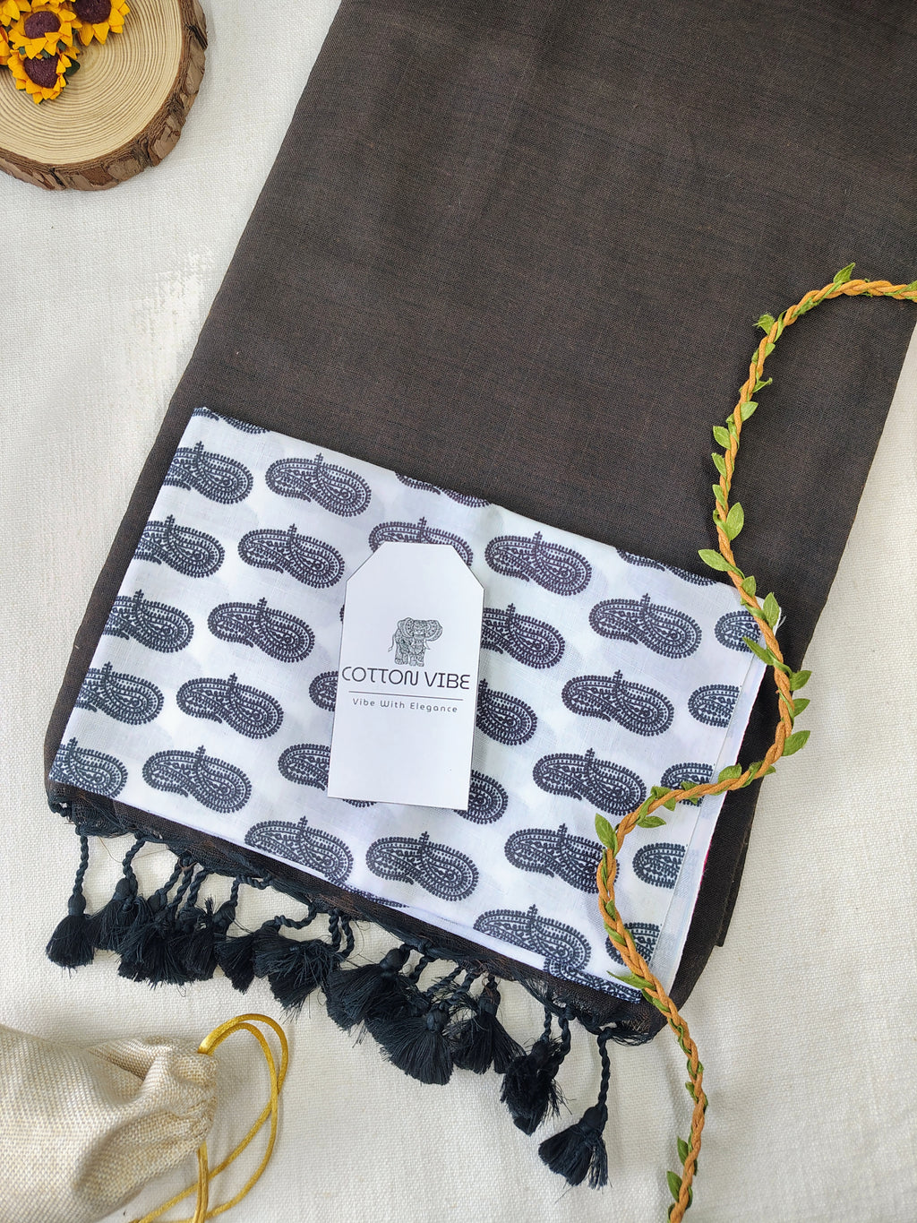 Brown Cotton Khadi Saree With Designer Flower Based Printed Blouse