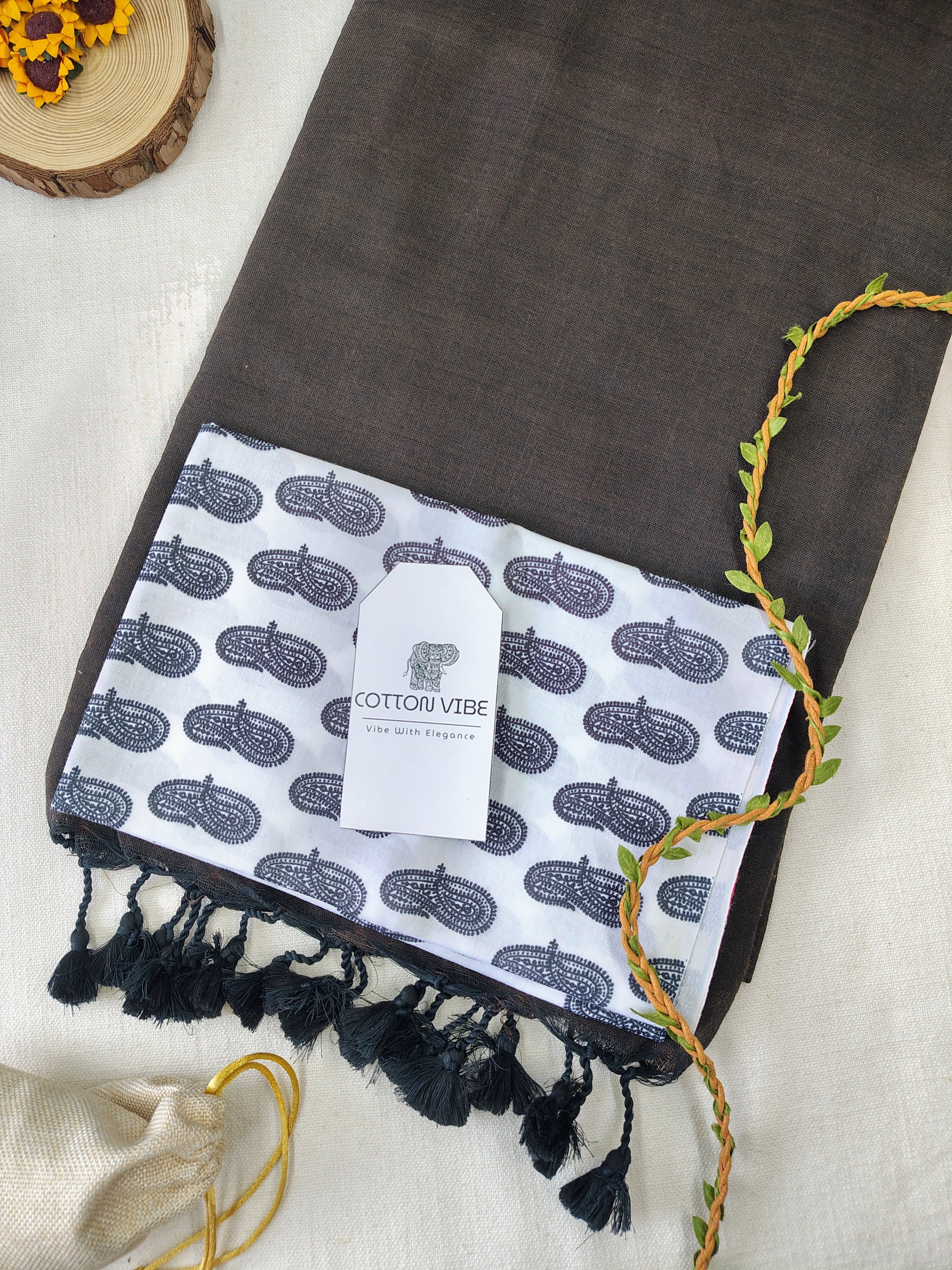 Brown Cotton Khadi Saree With Designer Flower Based Printed Blouse