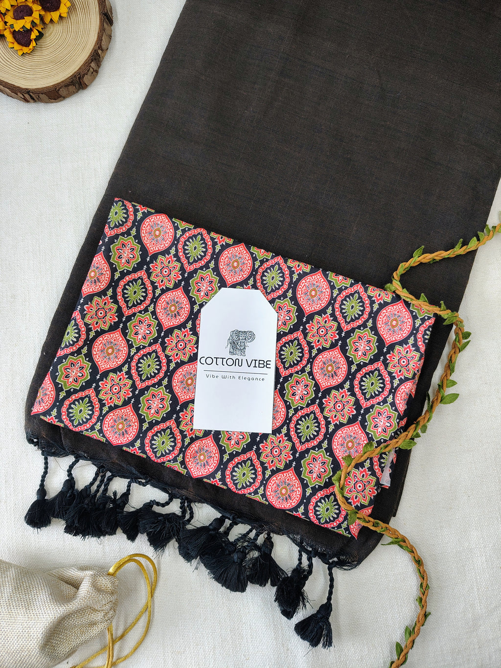 Brown Cotton Khadi Saree With Designer Flower Based Printed Blouse