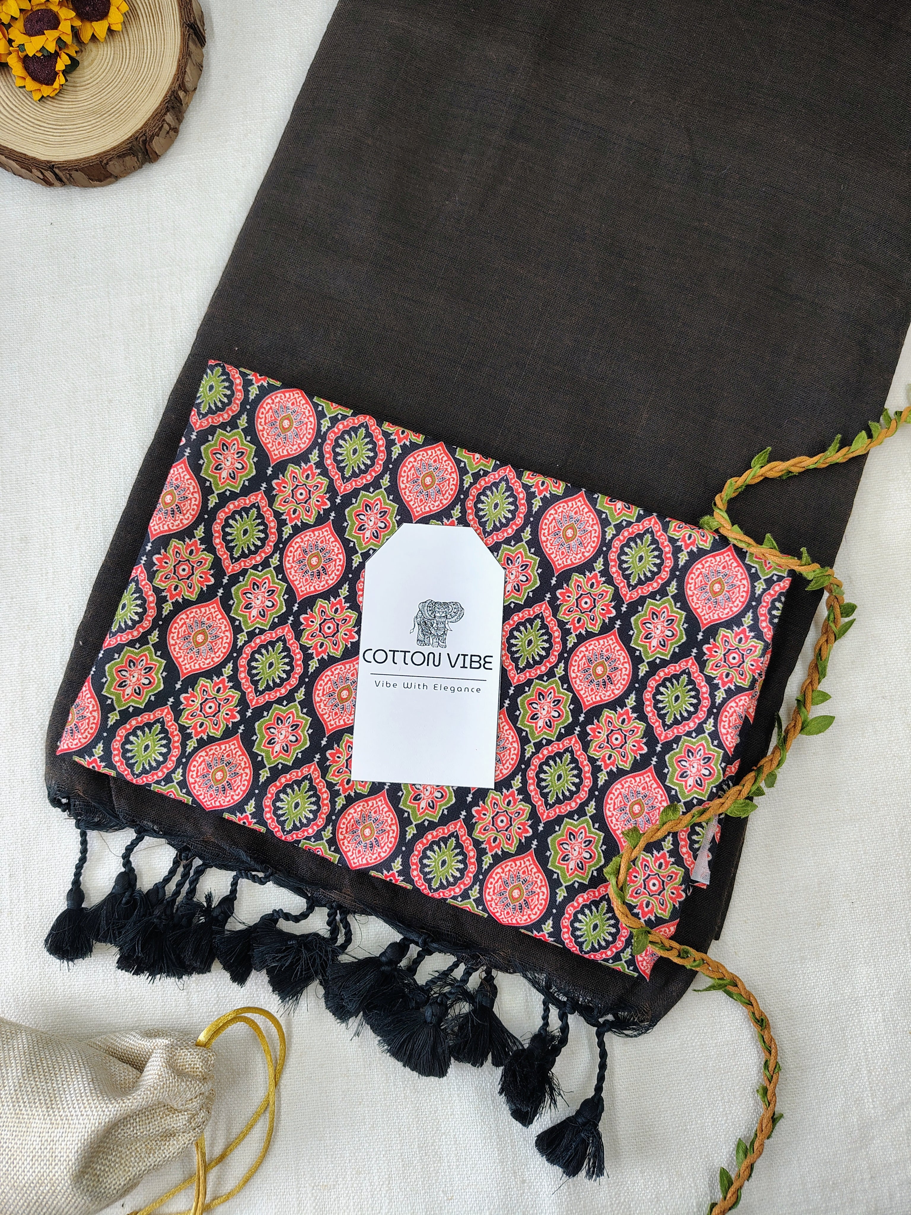 Brown Cotton Khadi Saree With Designer Flower Based Printed Blouse