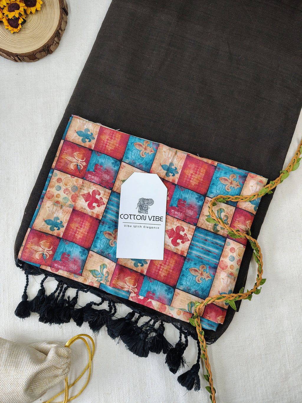 Brown Cotton Khadi Saree With Designer Flower Based Printed Blouse
