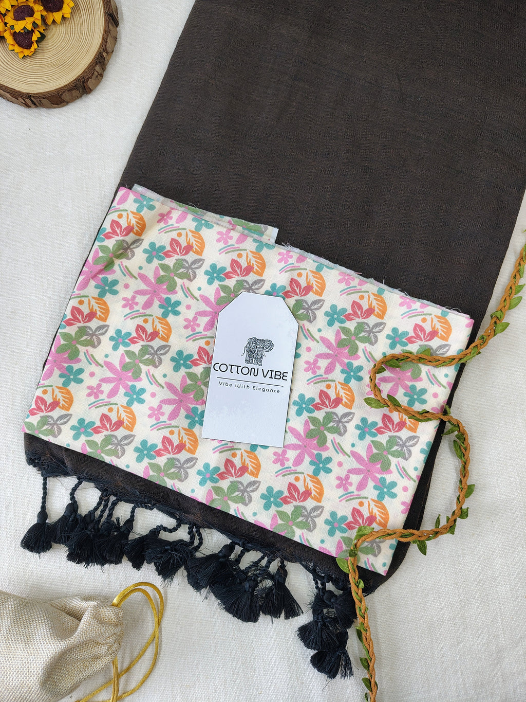 Brown Cotton Khadi Saree With Designer Flower Based Printed Blouse