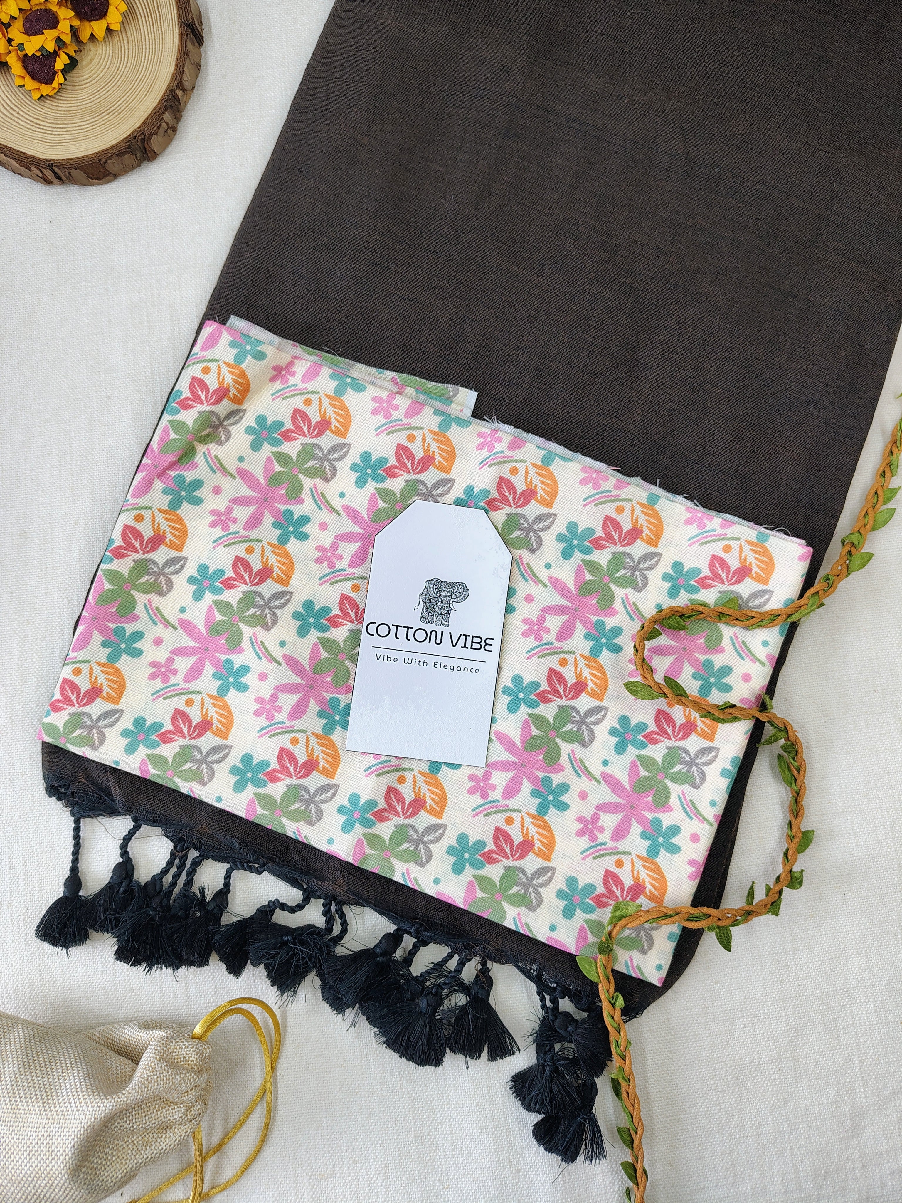 Brown Cotton Khadi Saree With Designer Flower Based Printed Blouse