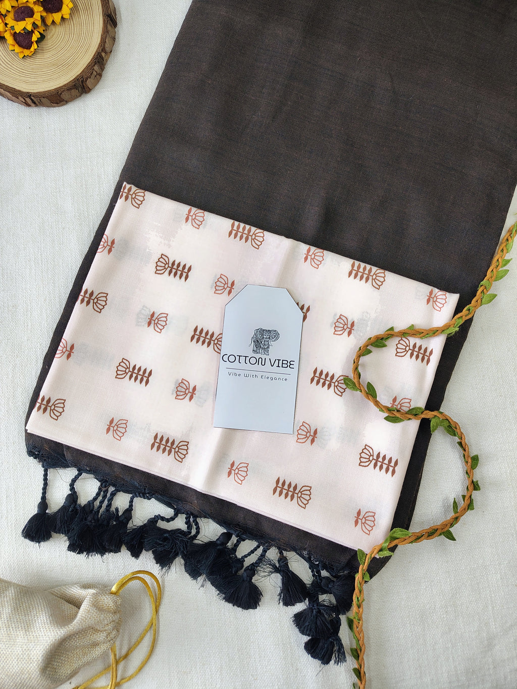 Brown Cotton Khadi Saree With Designer Flower Based Printed Blouse