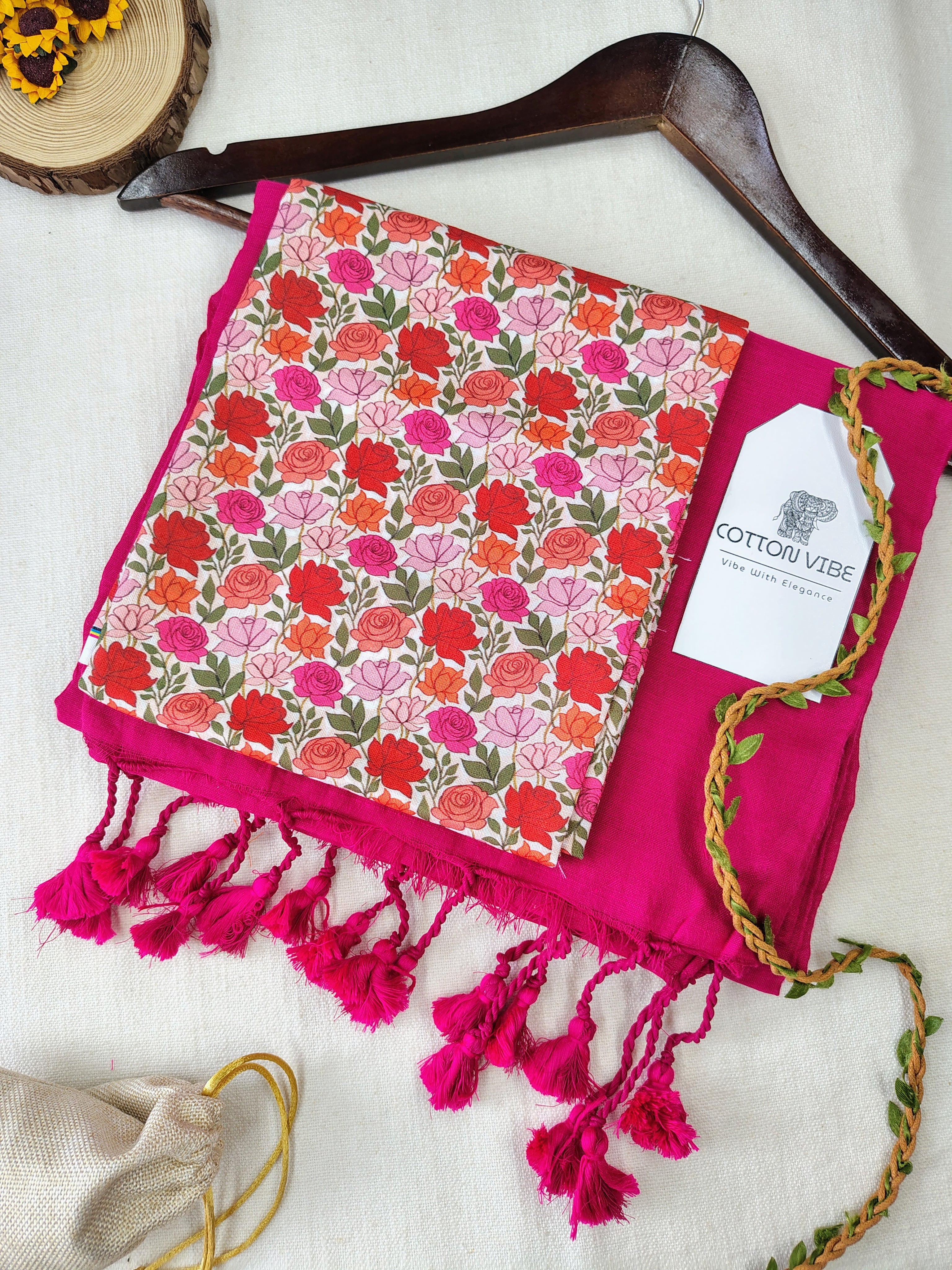 Pink Cotton Khadi Saree With Designer Flower Based Printed Blouse