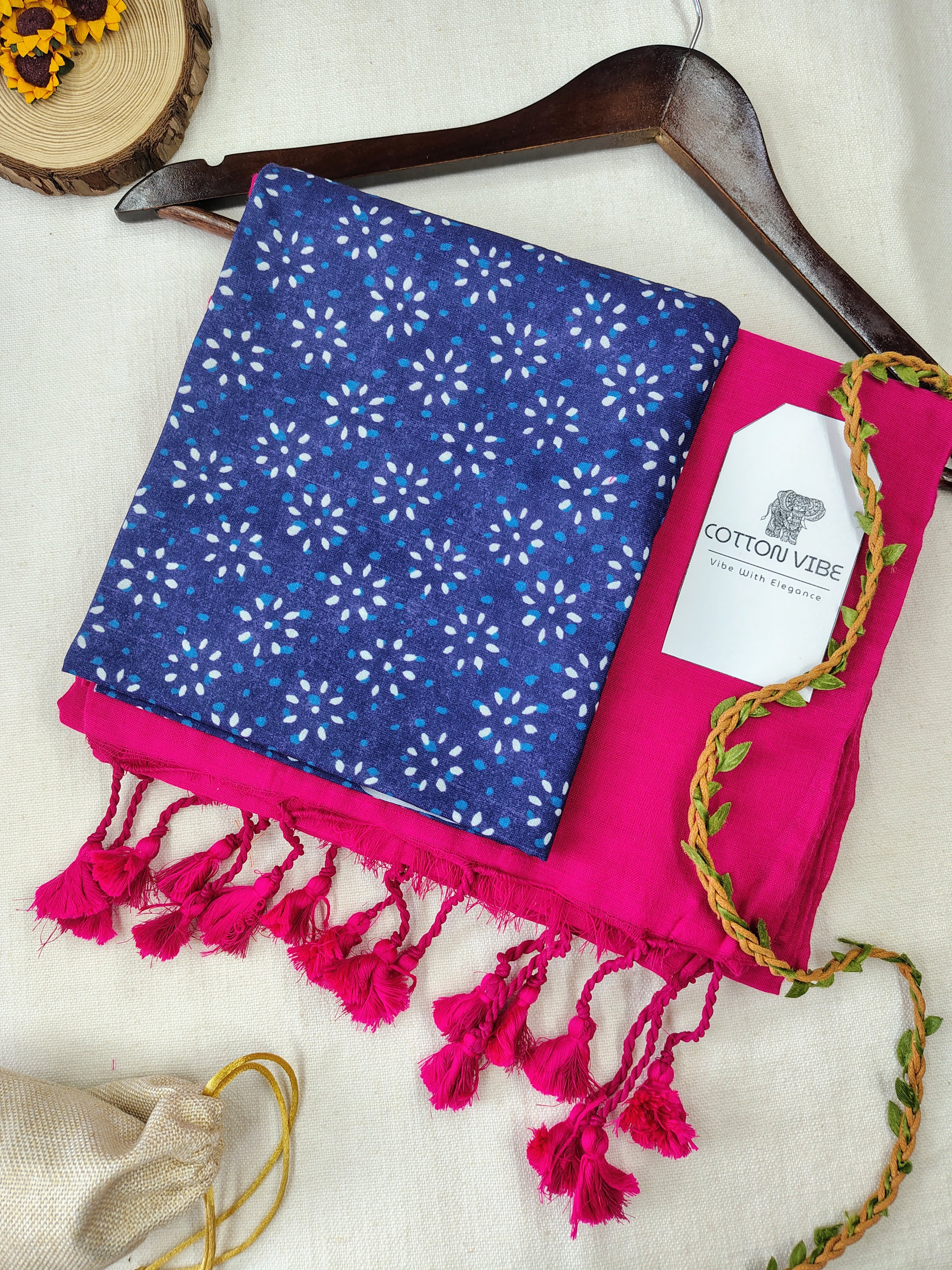 Pink Cotton Khadi Saree With Designer Flower Based Printed Blouse