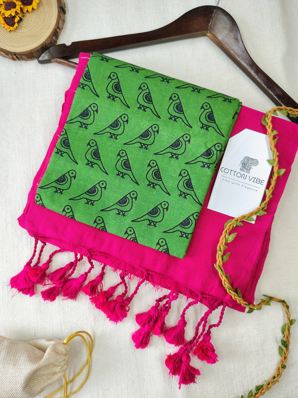 Pink Cotton Khadi Saree With Designer Flower Based Printed Blouse