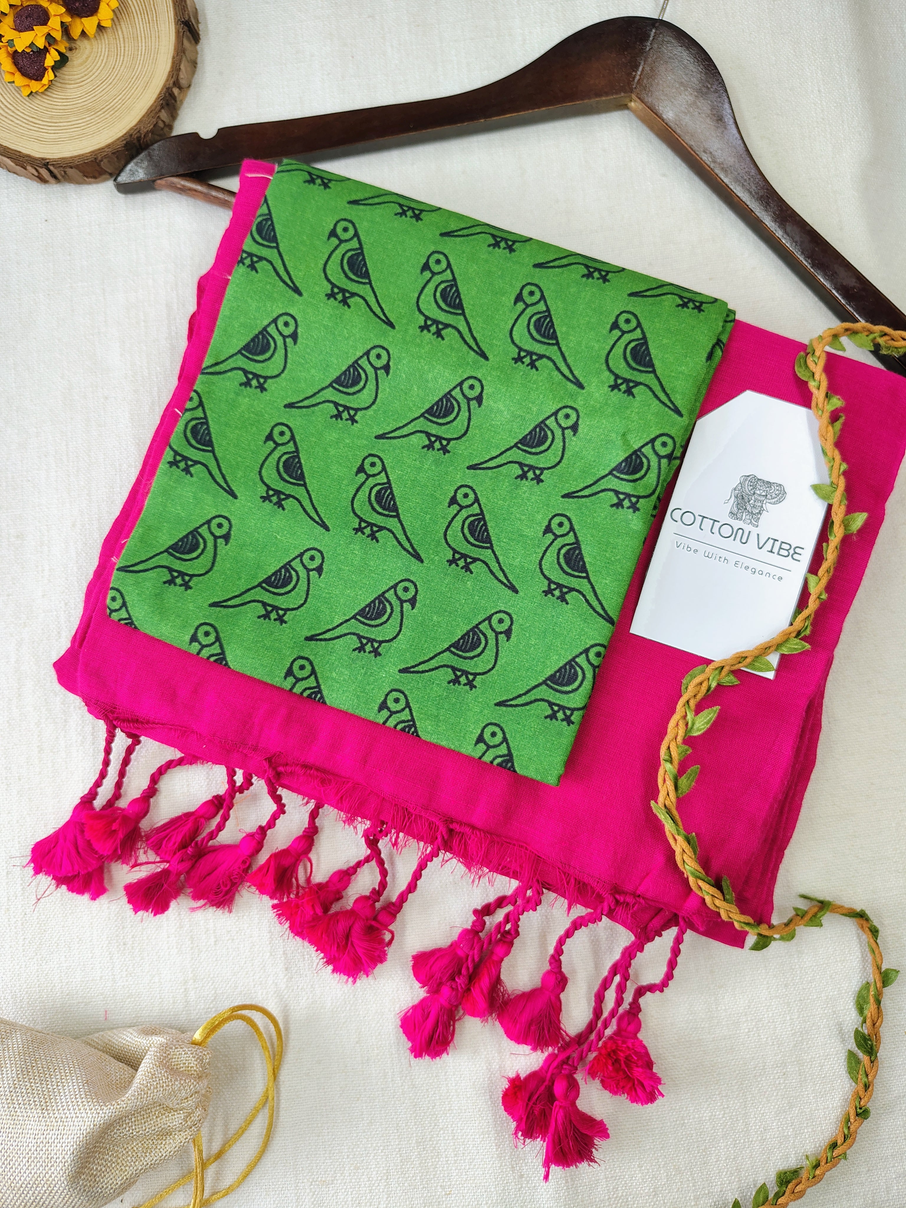 Pink Cotton Khadi Saree With Designer Flower Based Printed Blouse