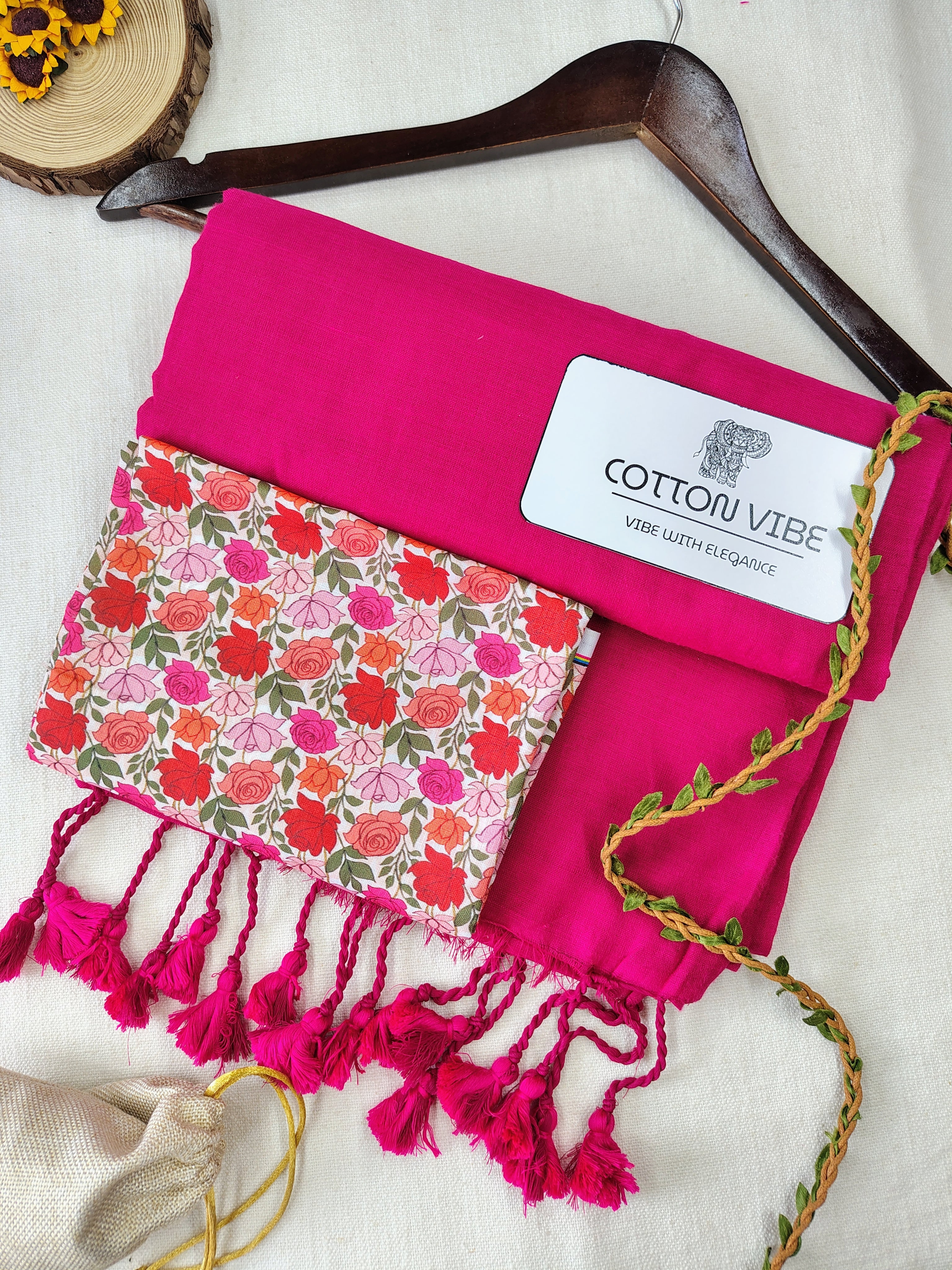 Pink Cotton Khadi Saree With Designer Flower Based Printed Blouse