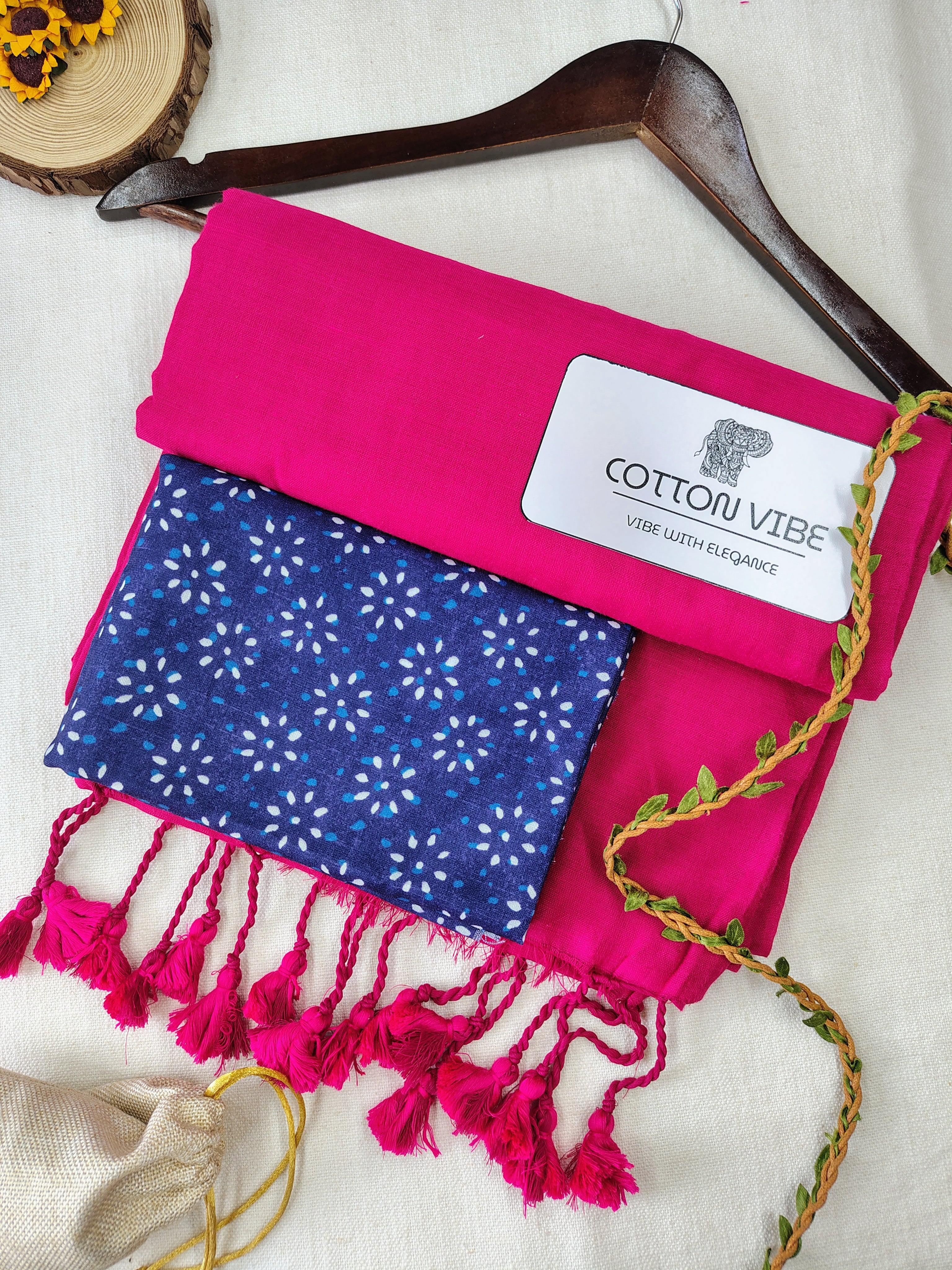 Pink Cotton Khadi Saree With Designer Flower Based Printed Blouse