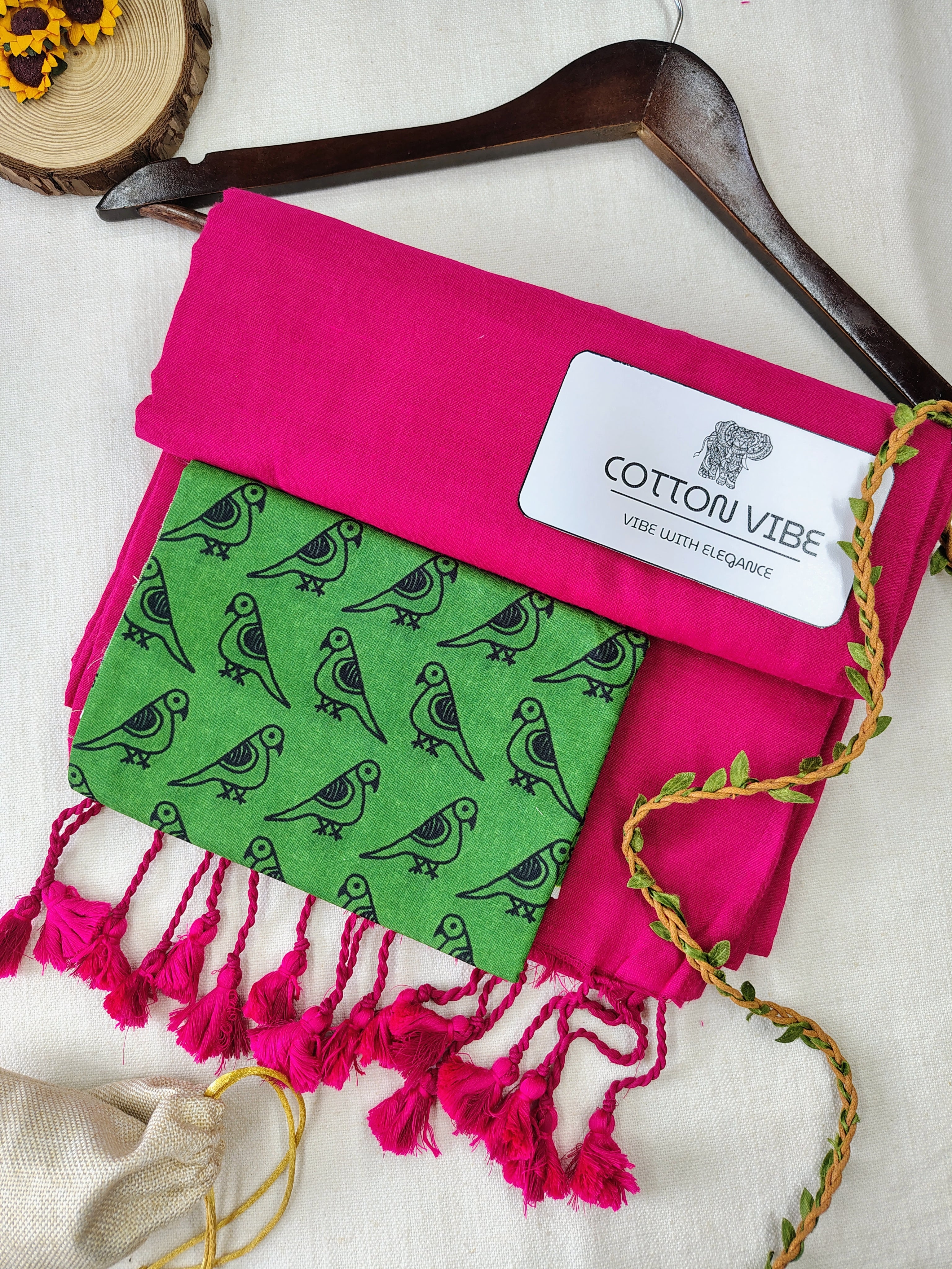 Pink Cotton Khadi Saree With Designer Flower Based Printed Blouse