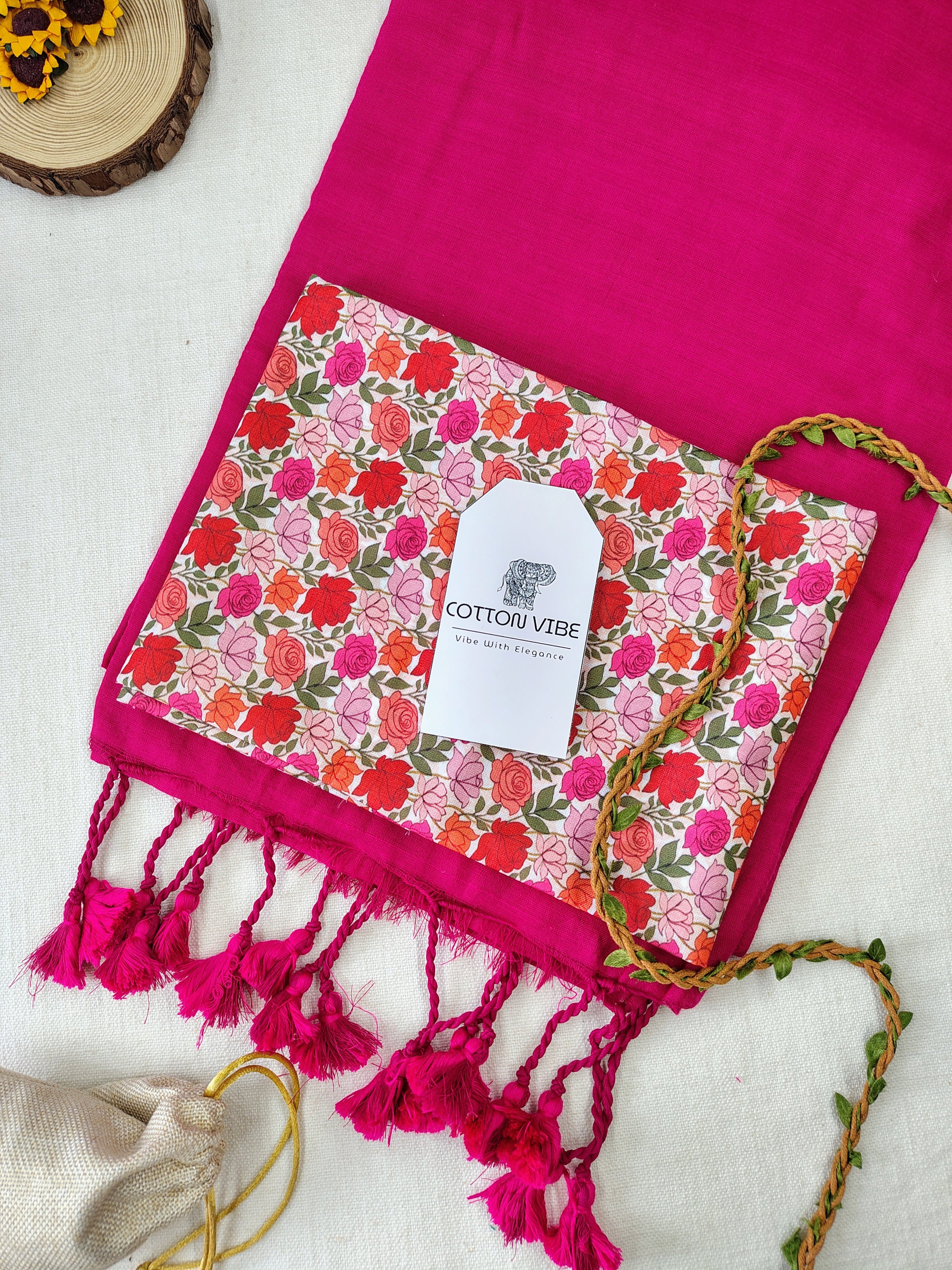 Pink Cotton Khadi Saree With Designer Flower Based Printed Blouse