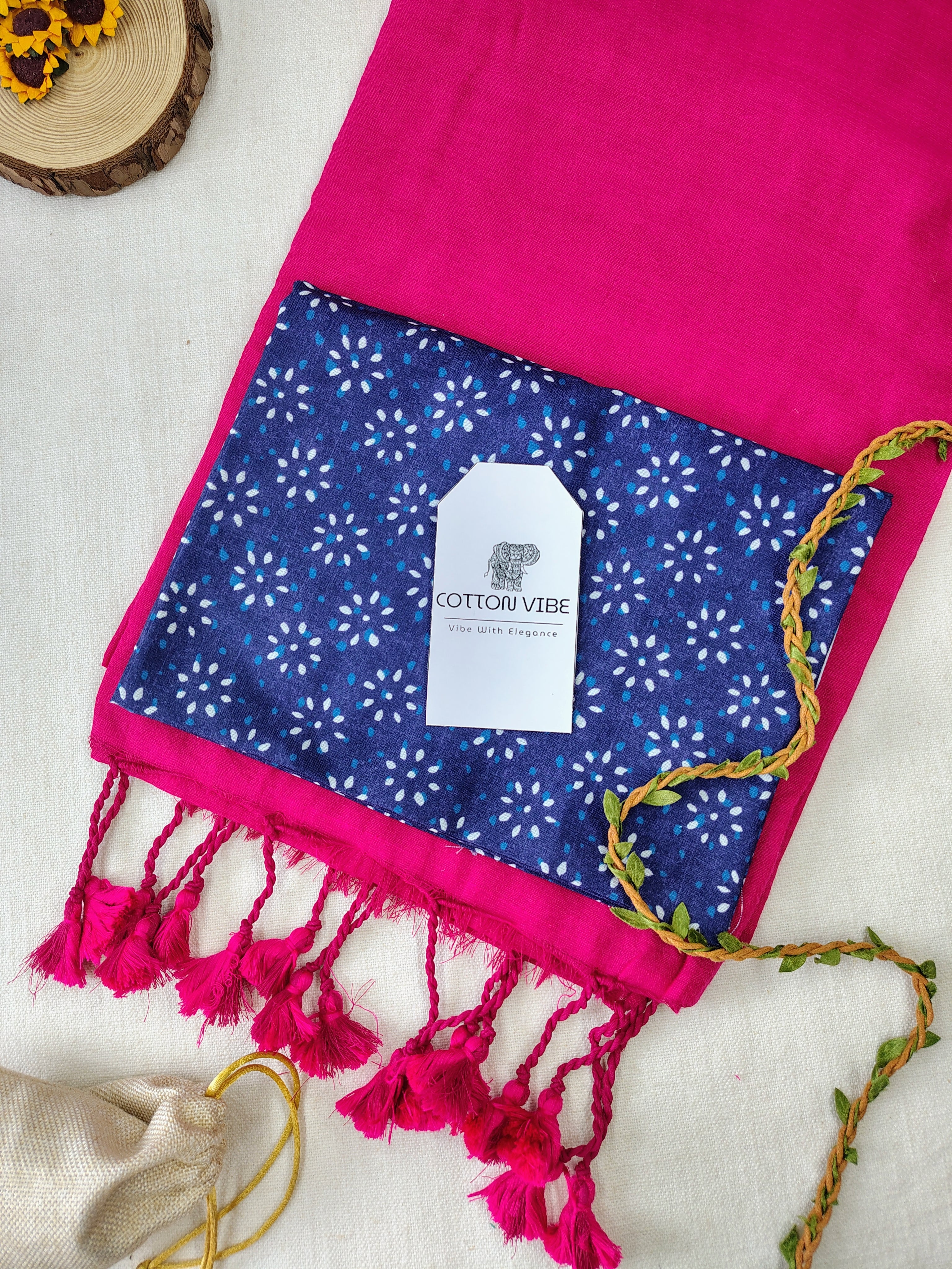 Pink Cotton Khadi Saree With Designer Flower Based Printed Blouse