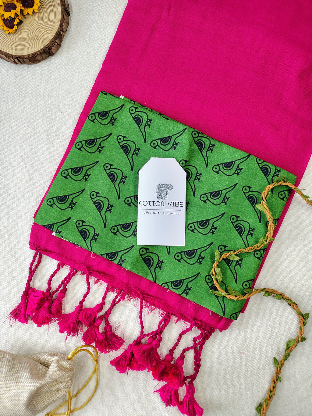 Pink Cotton Khadi Saree With Designer Flower Based Printed Blouse