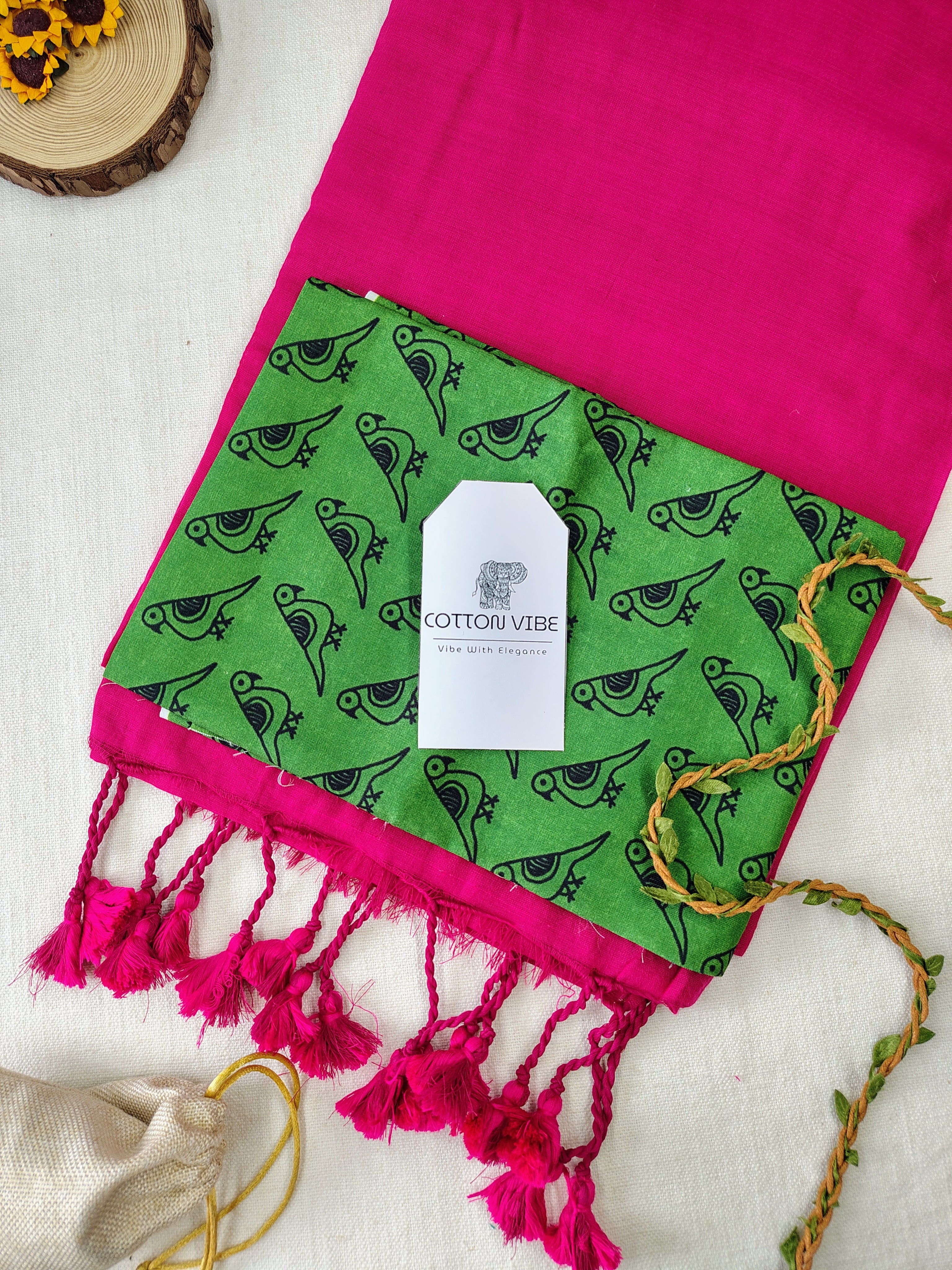 Pink Cotton Khadi Saree With Designer Flower Based Printed Blouse