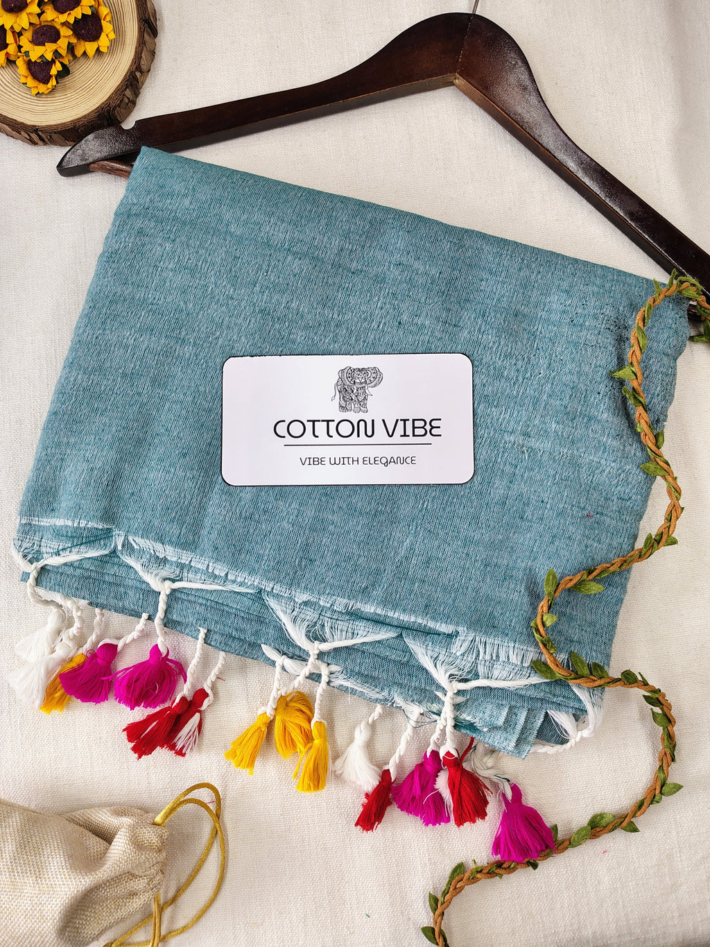 C-Green Cotton Khadi Saree With Designer Flower Based Printed Blouse