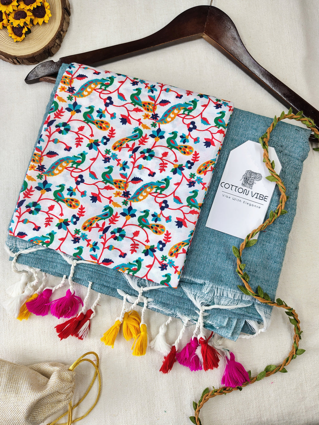 C-Green Cotton Khadi Saree With Designer Flower Based Printed Blouse