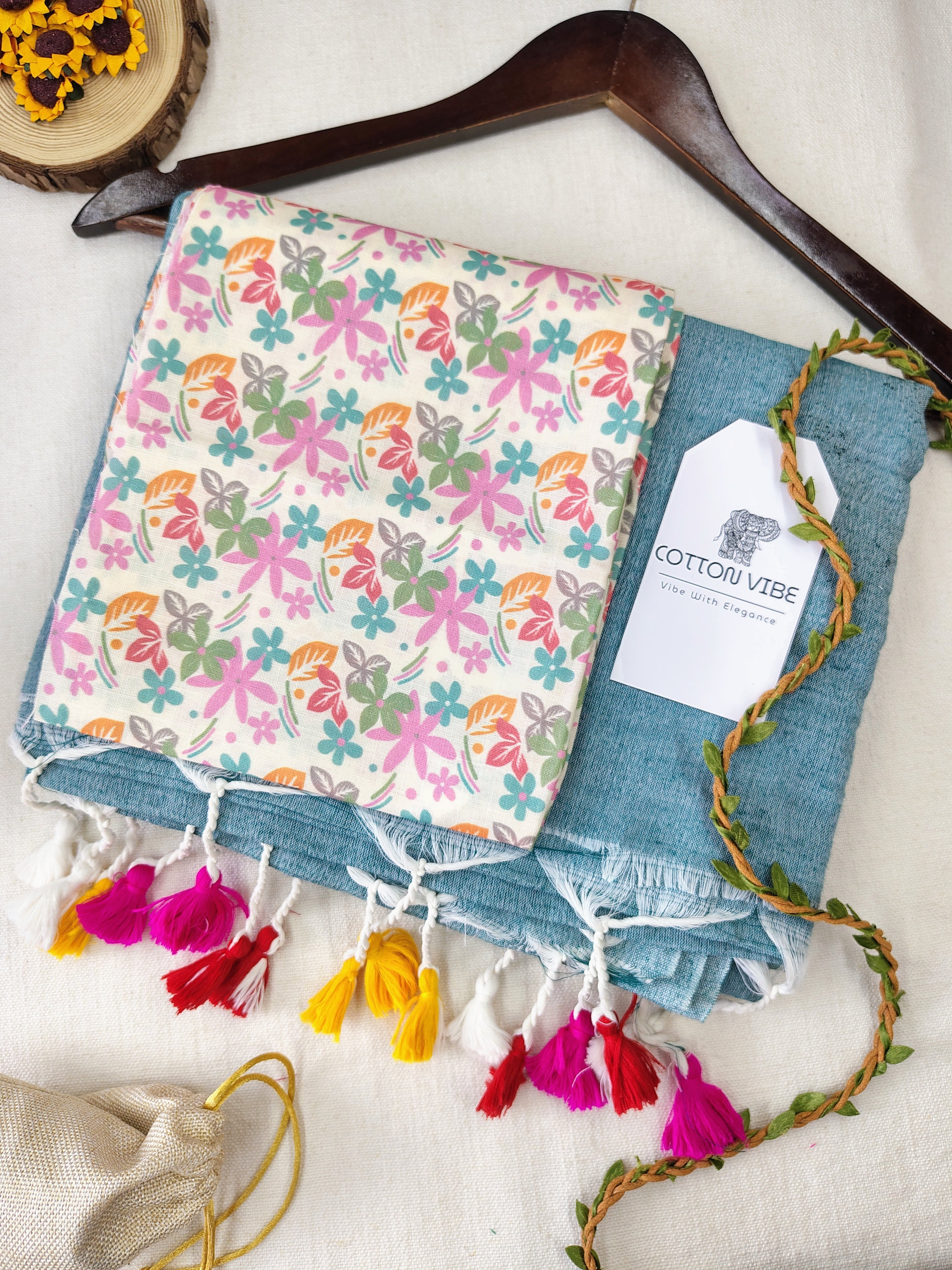 C-Green Cotton Khadi Saree With Designer Flower Based Printed Blouse