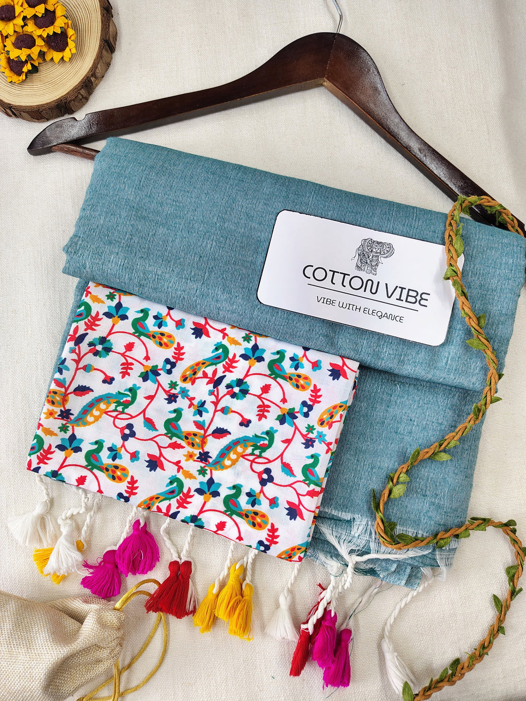 C-Green Cotton Khadi Saree With Designer Flower Based Printed Blouse