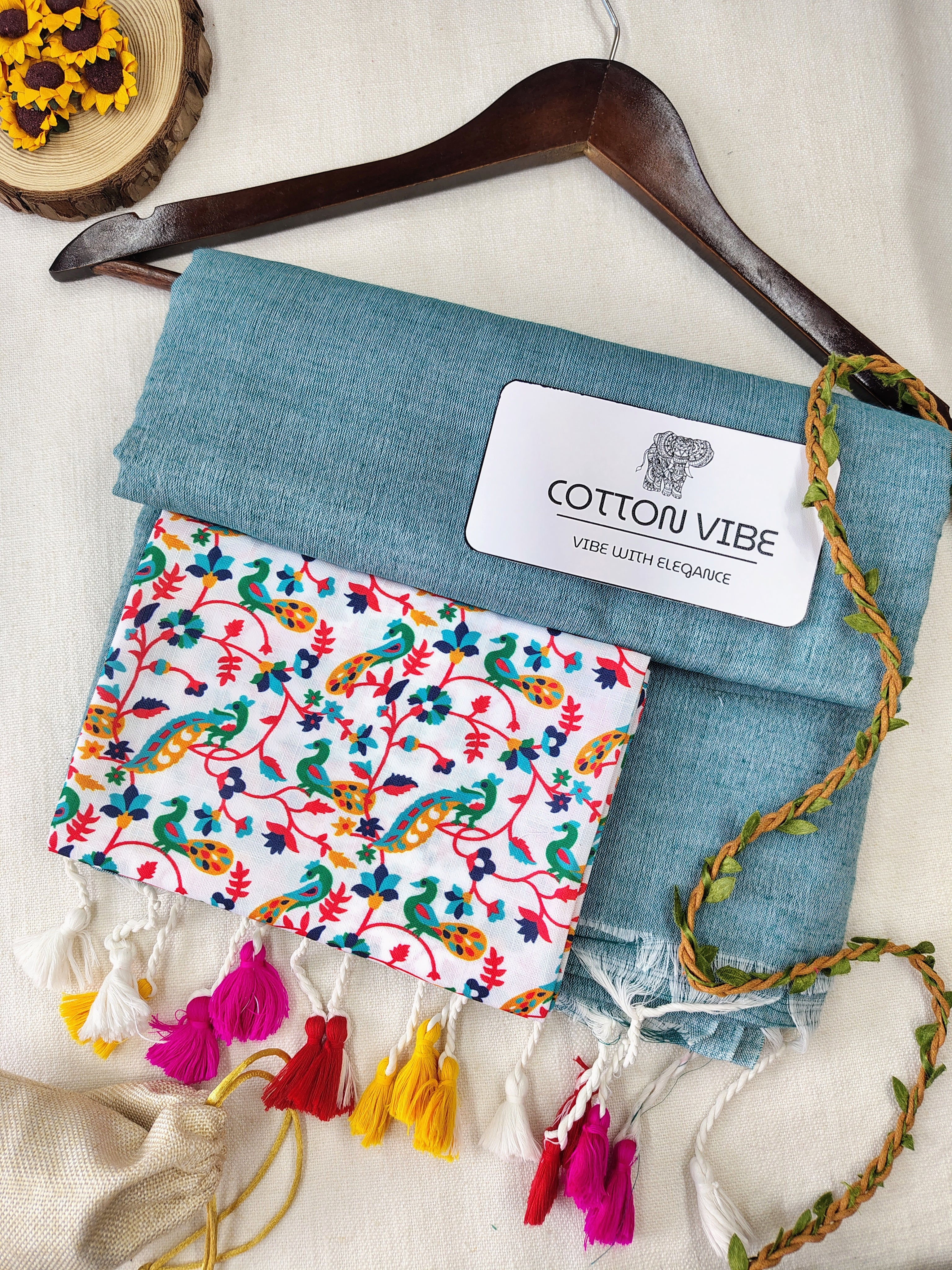 C-Green Cotton Khadi Saree With Designer Flower Based Printed Blouse