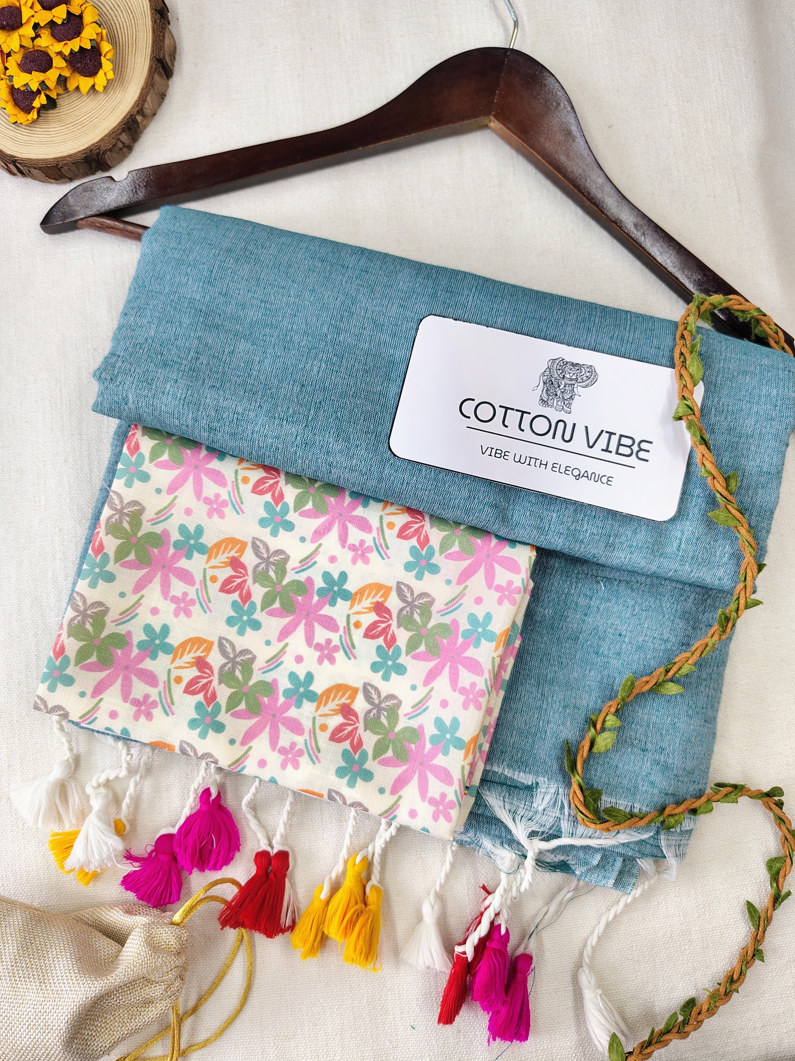 C-Green Cotton Khadi Saree With Designer Flower Based Printed Blouse