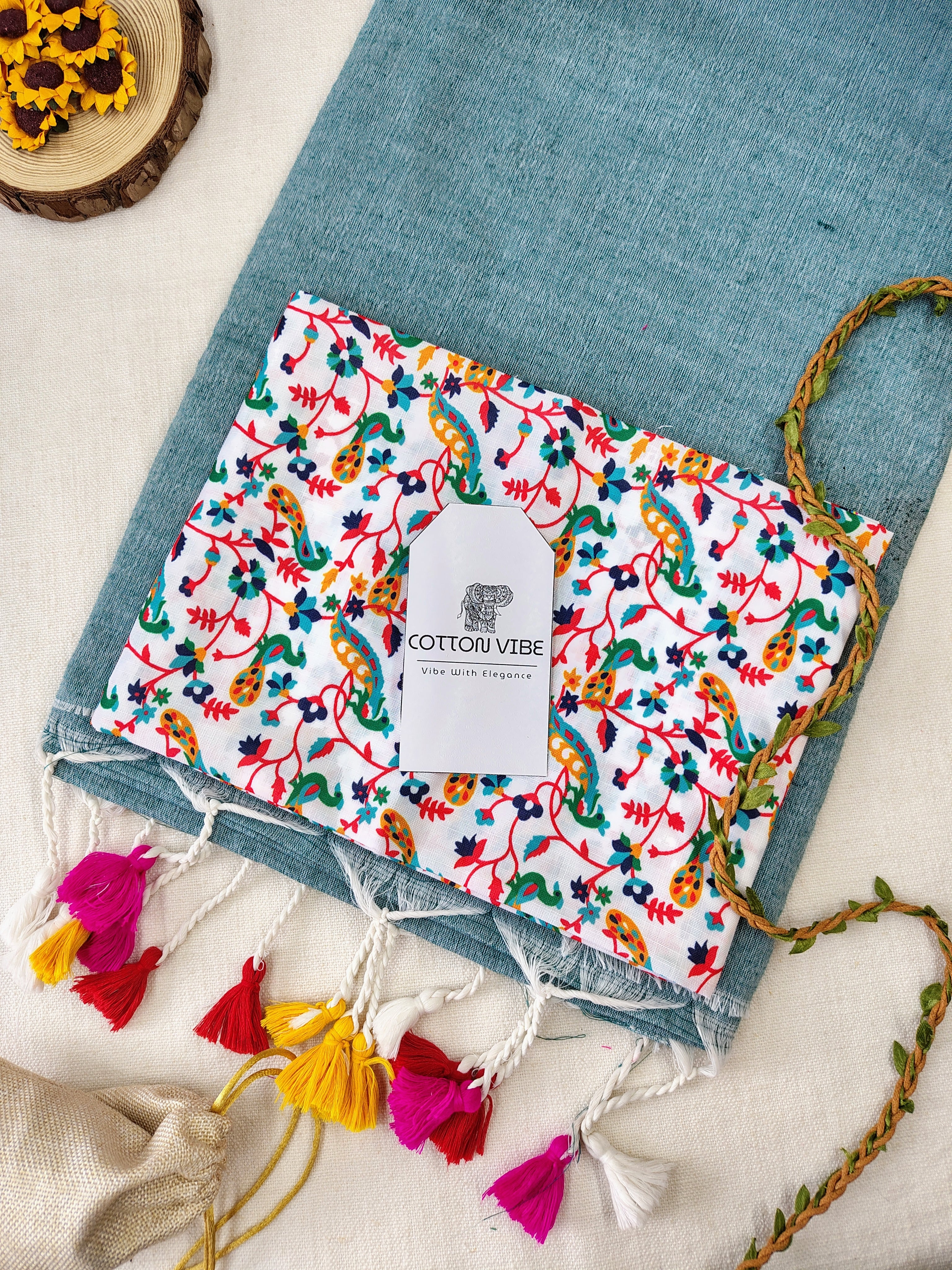 C-Green Cotton Khadi Saree With Designer Flower Based Printed Blouse