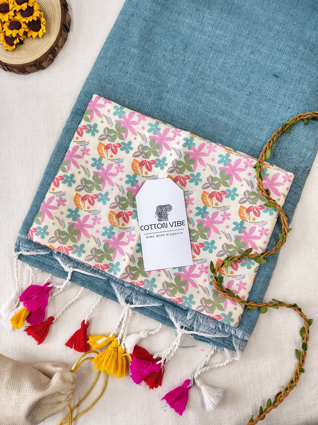 C-Green Cotton Khadi Saree With Designer Flower Based Printed Blouse