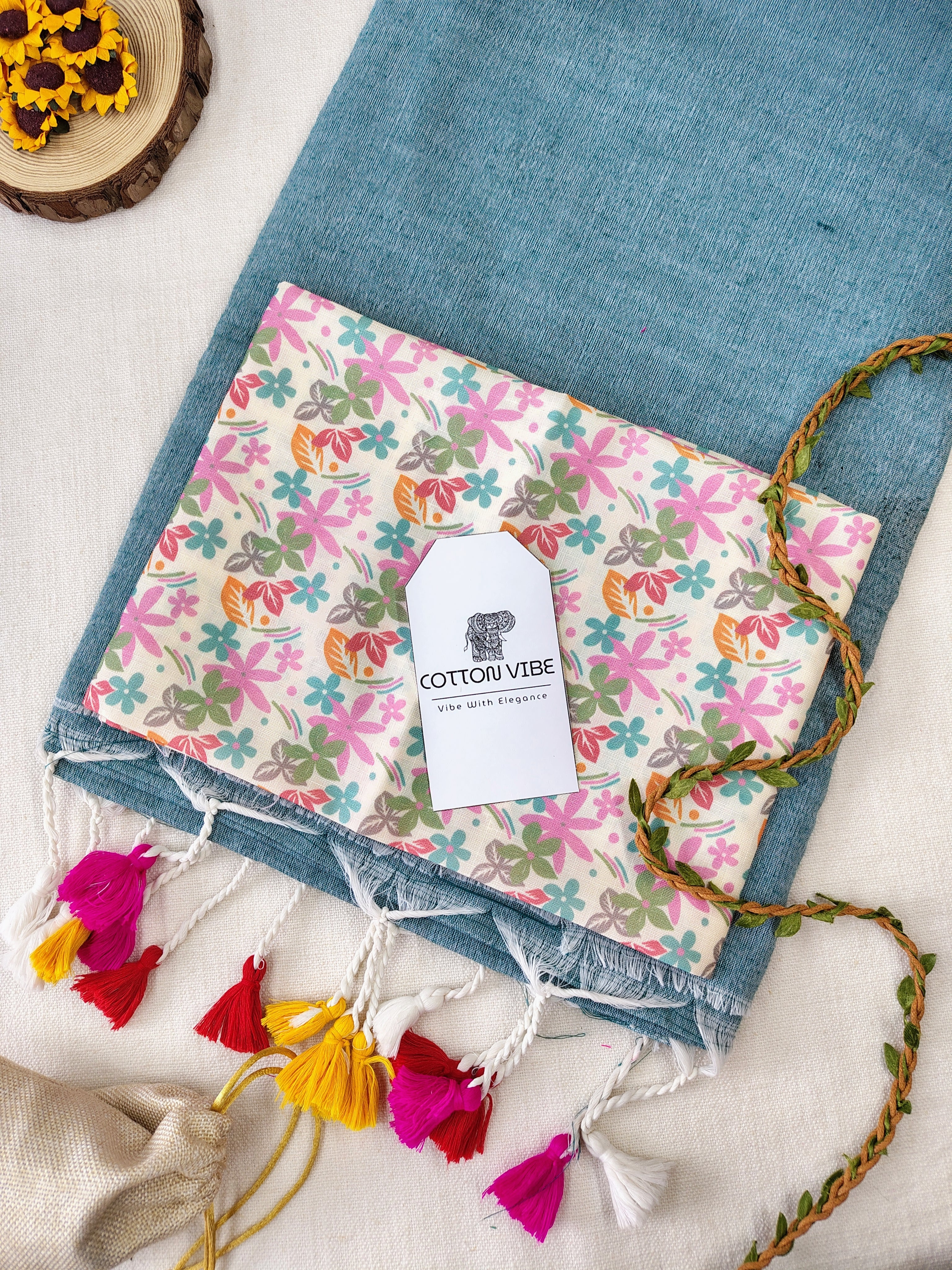 C-Green Cotton Khadi Saree With Designer Flower Based Printed Blouse