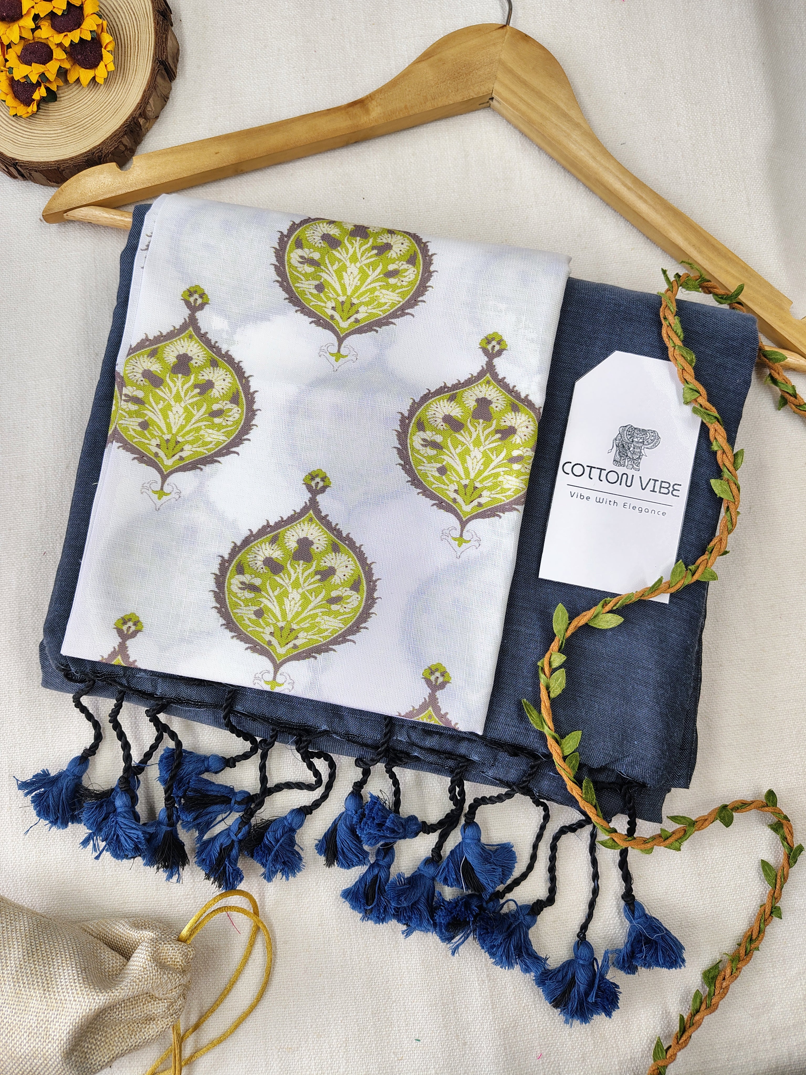 Grey Cotton Khadi Saree With Designer Flower Based Printed Blouse