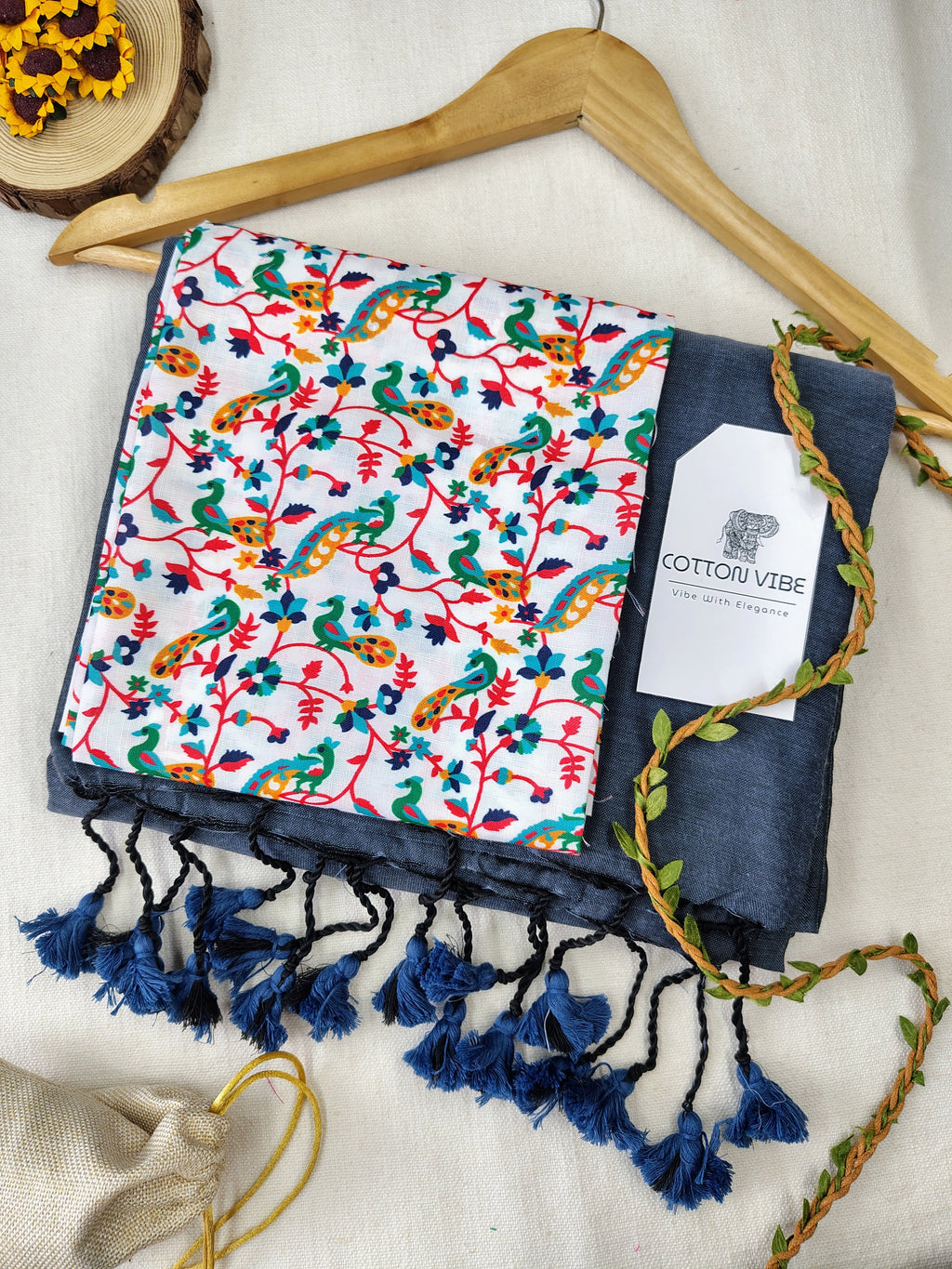 Grey Cotton Khadi Saree With Designer Flower Based Printed Blouse