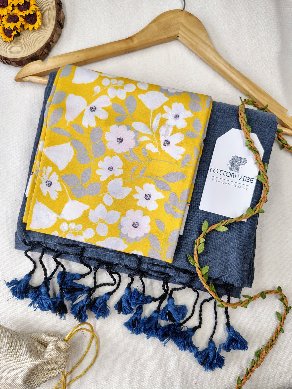 Grey Cotton Khadi Saree With Designer Flower Based Printed Blouse