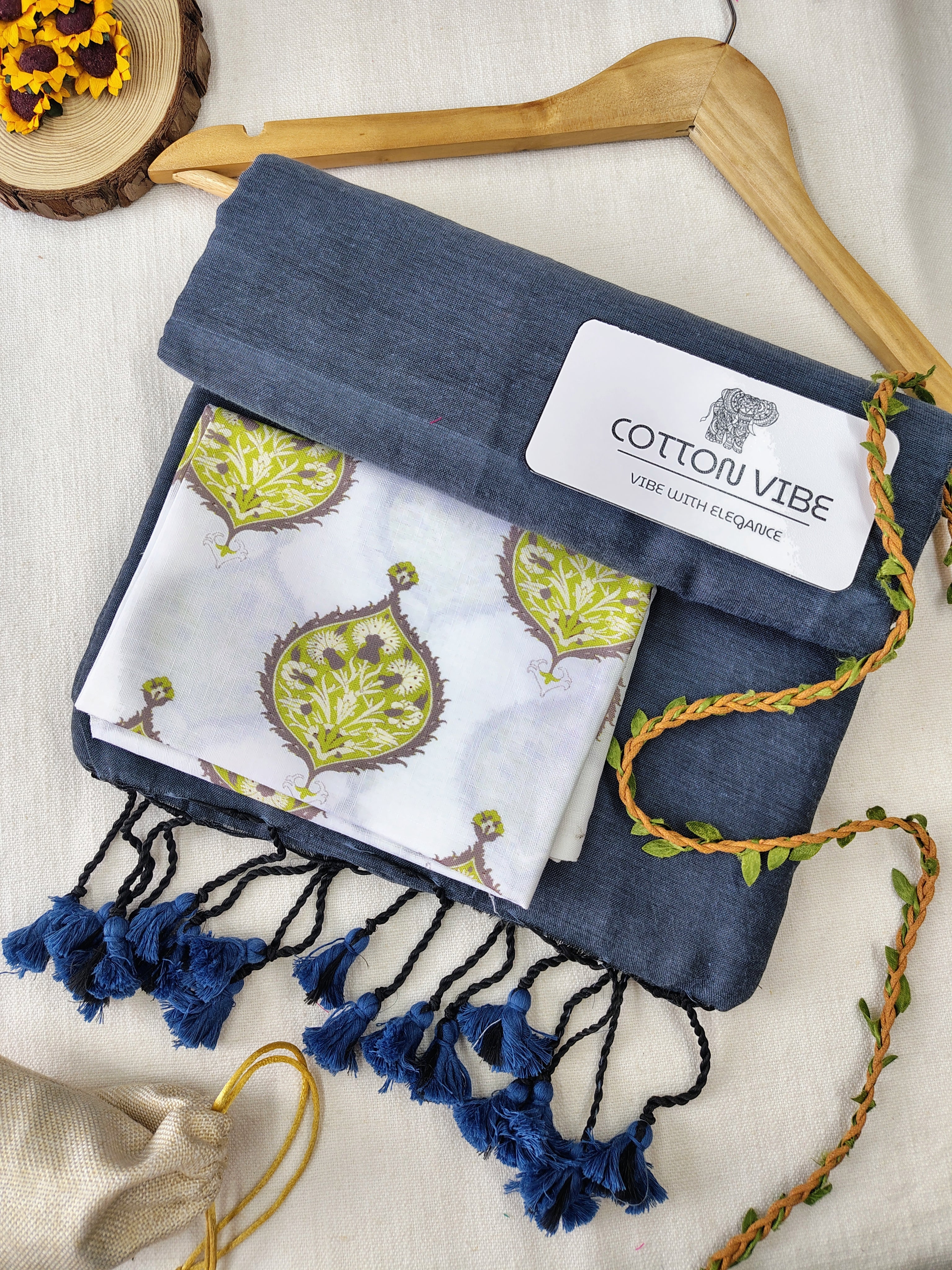 Grey Cotton Khadi Saree With Designer Flower Based Printed Blouse