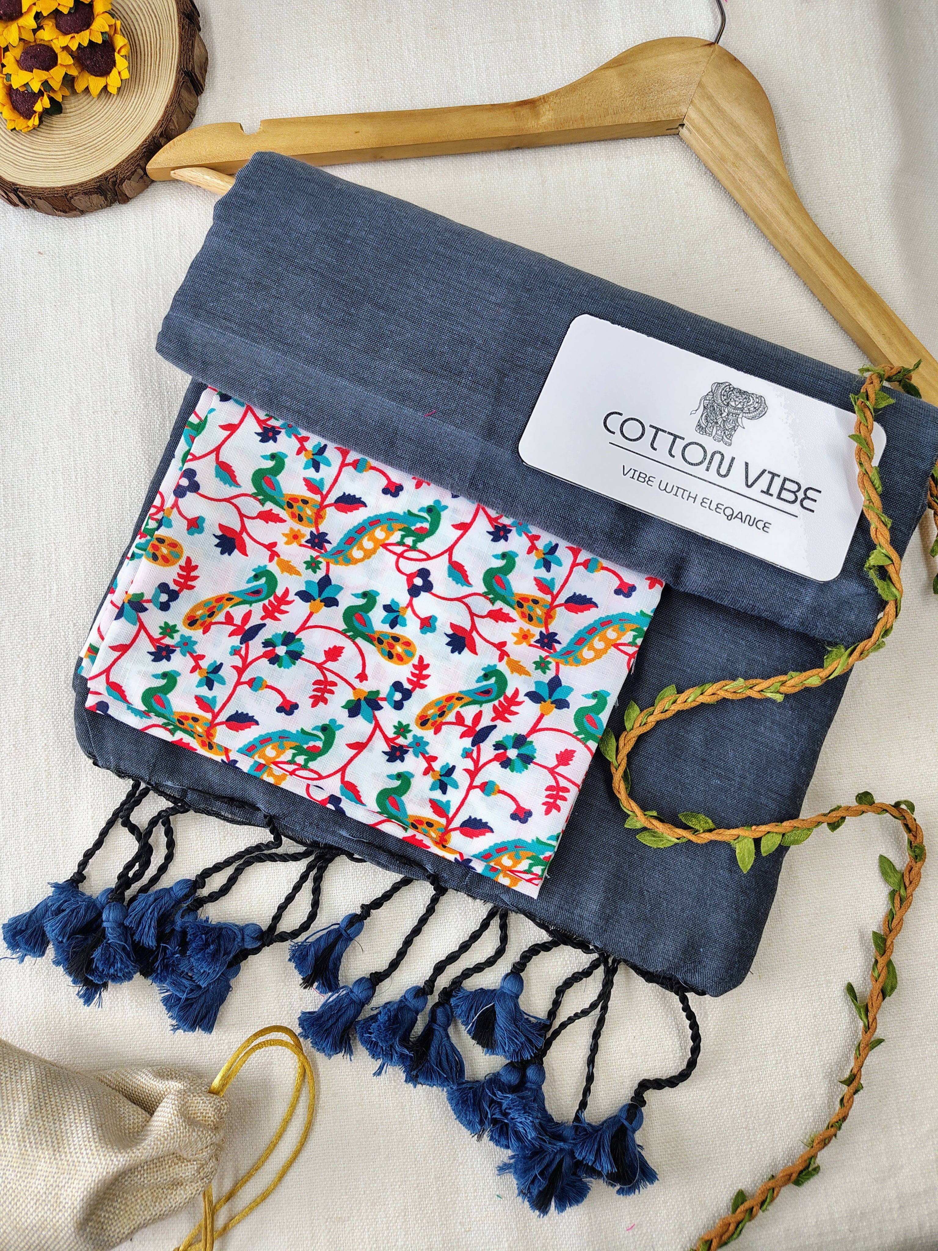 Grey Cotton Khadi Saree With Designer Flower Based Printed Blouse