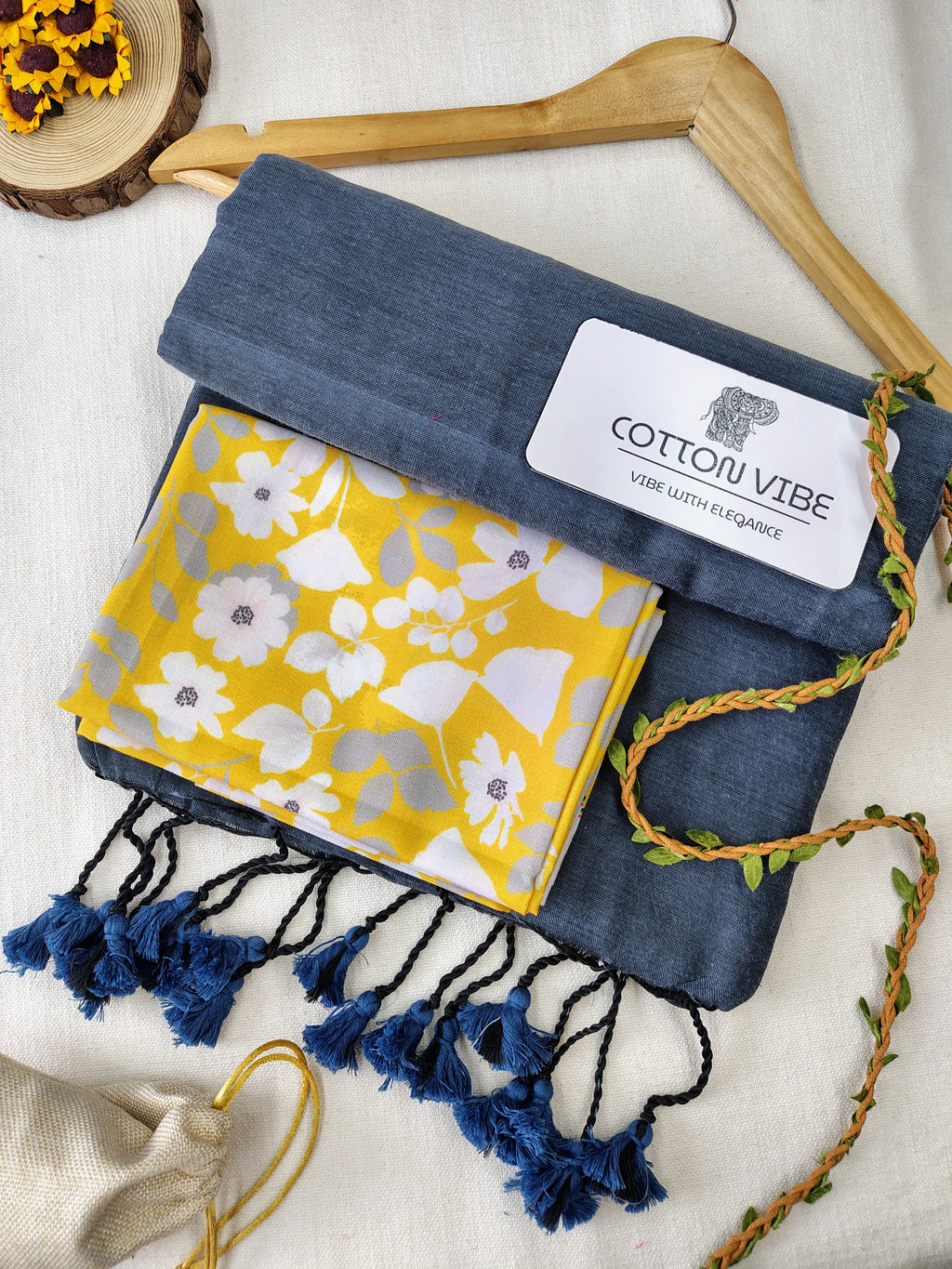 Grey Cotton Khadi Saree With Designer Flower Based Printed Blouse