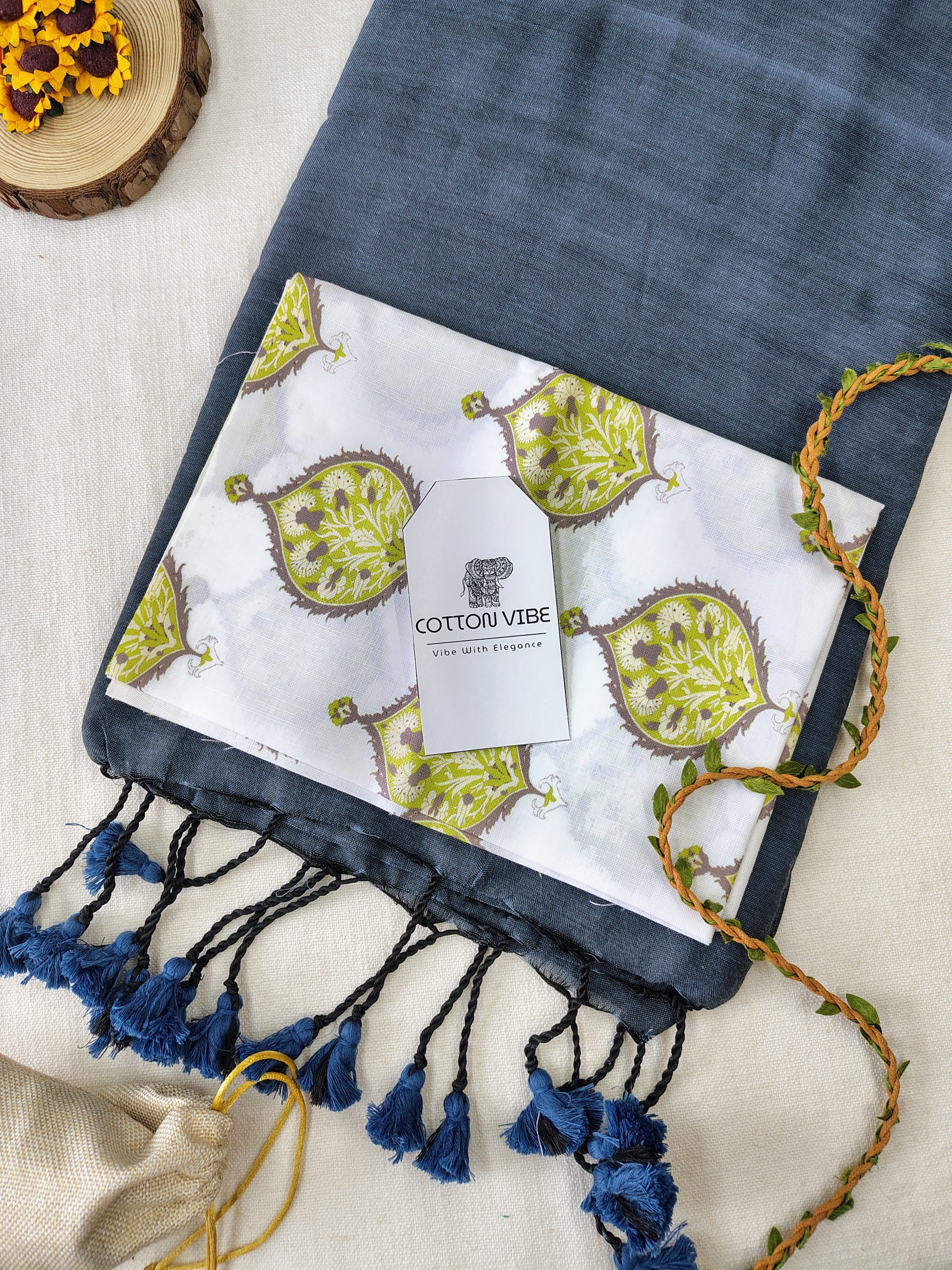 Grey Cotton Khadi Saree With Designer Flower Based Printed Blouse