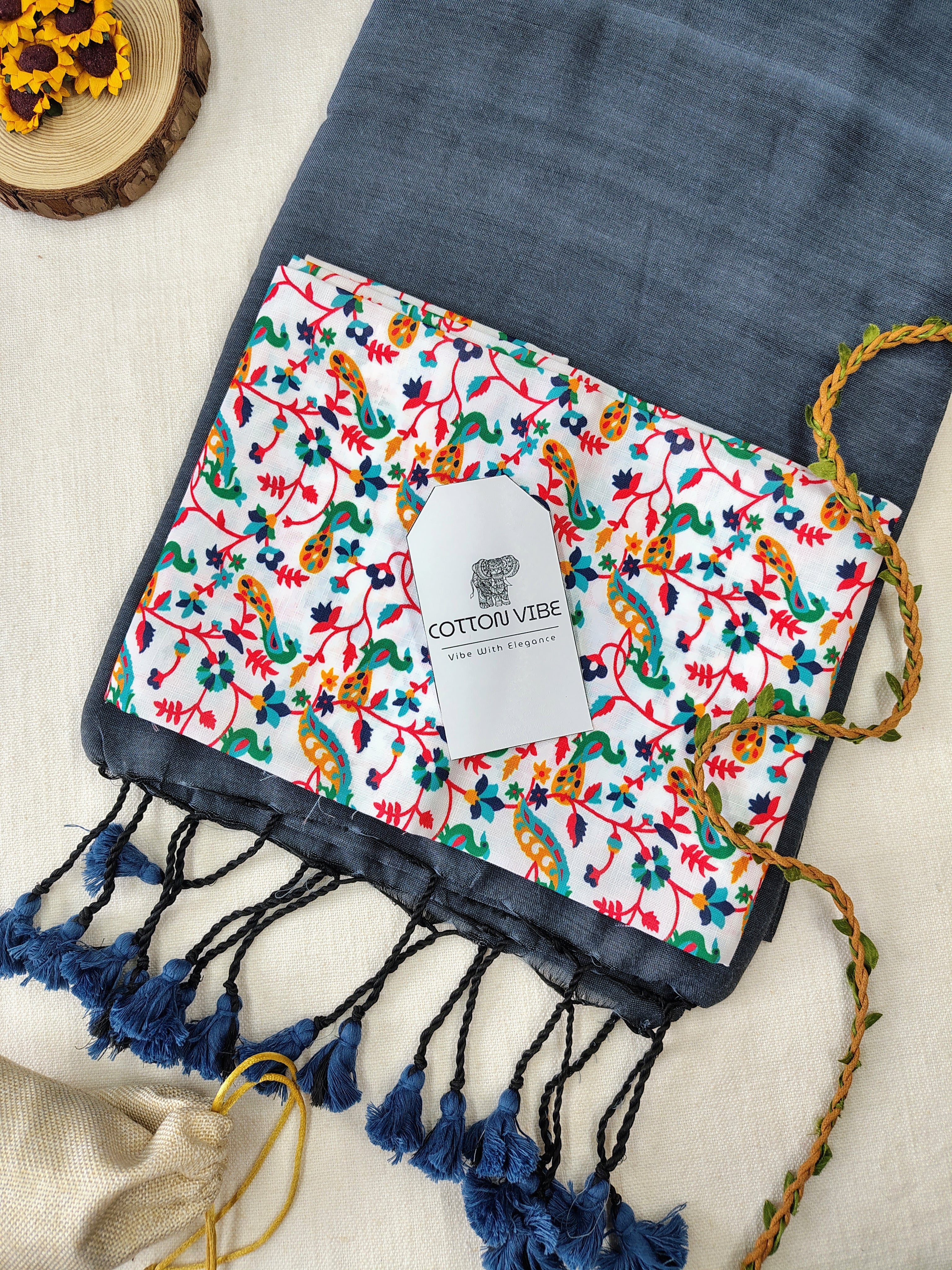 Grey Cotton Khadi Saree With Designer Flower Based Printed Blouse