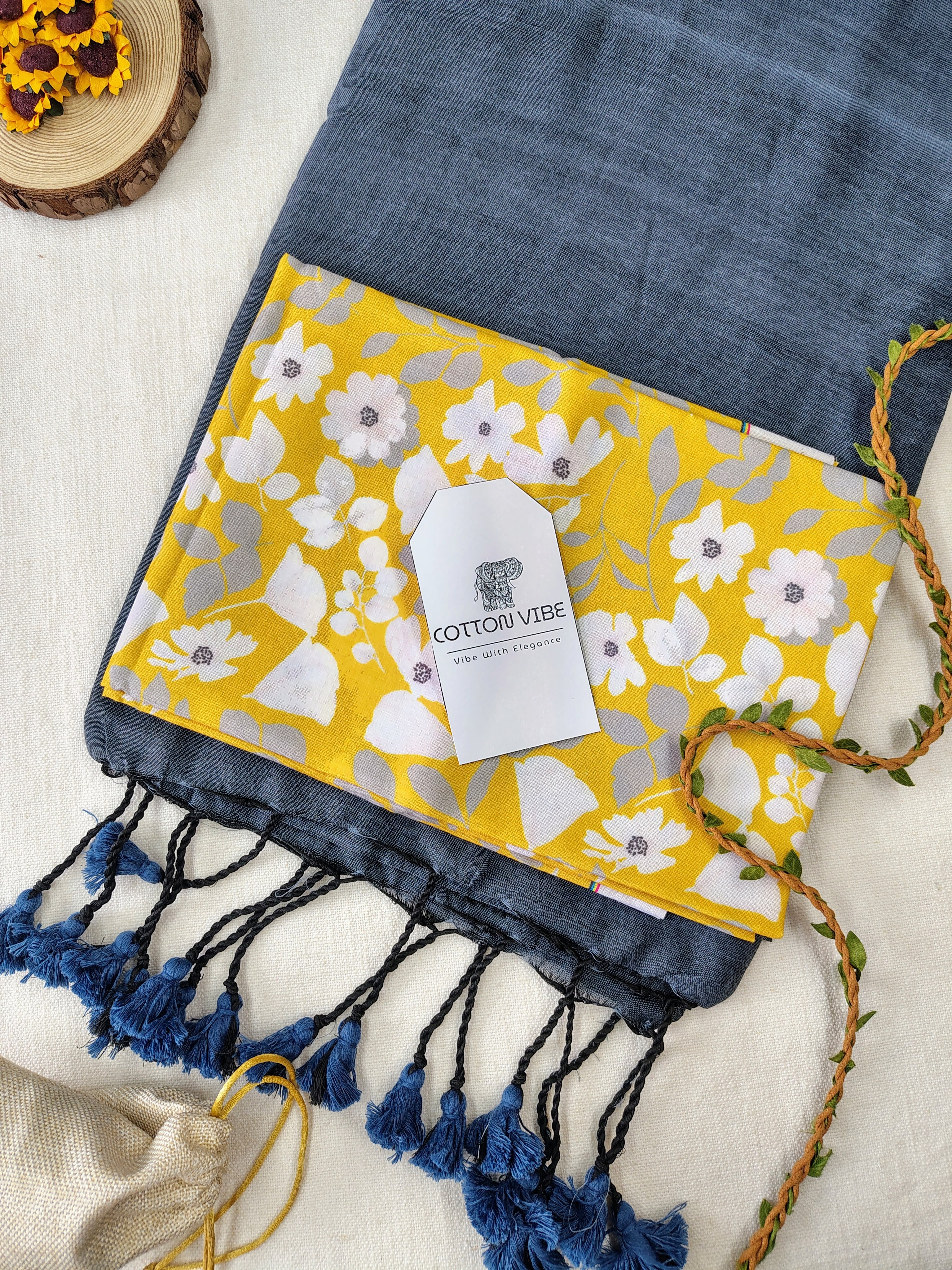 Grey Cotton Khadi Saree With Designer Flower Based Printed Blouse