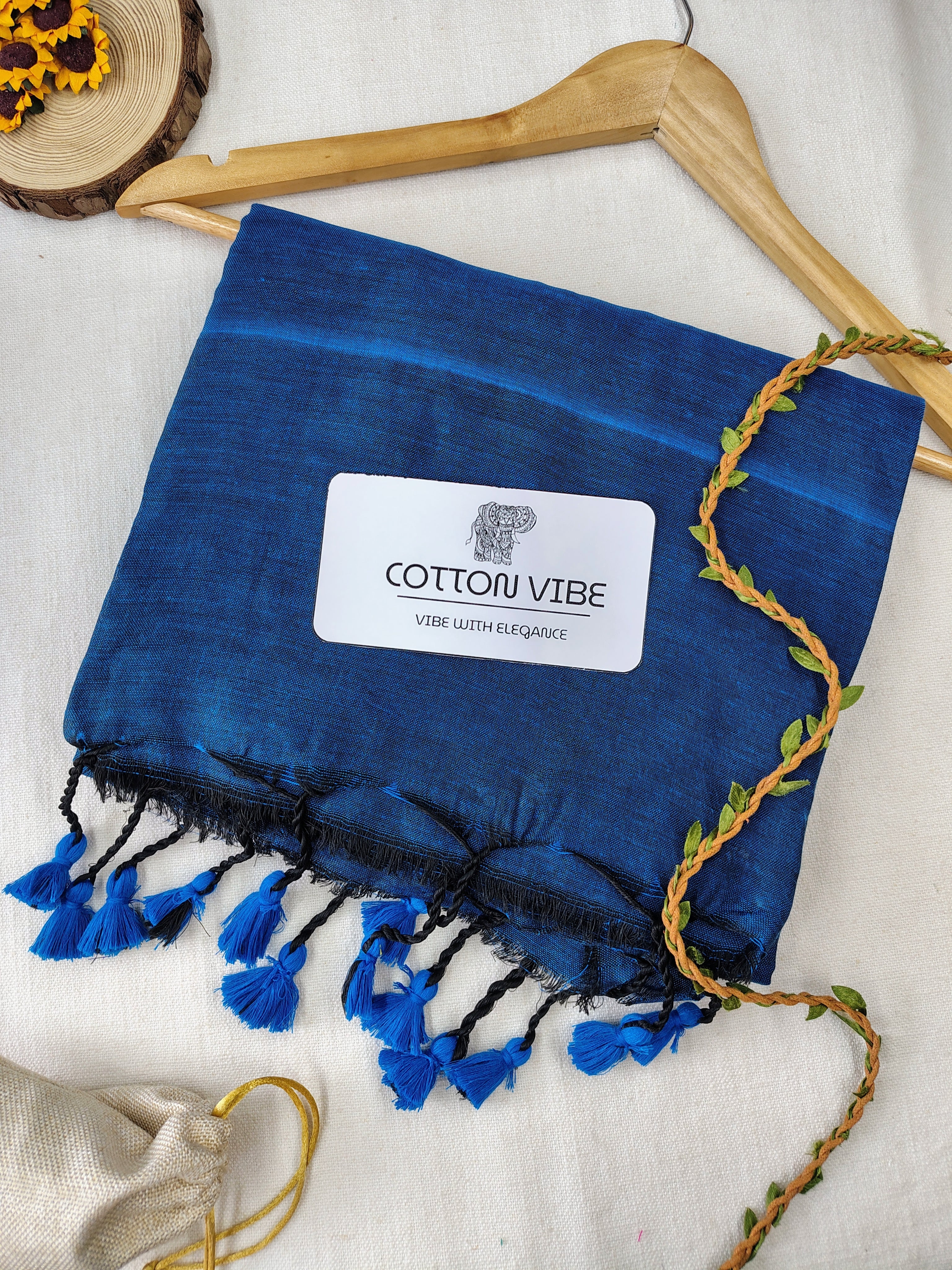 Blue Cotton Khadi Saree With Designer Flower Based Printed Blouse