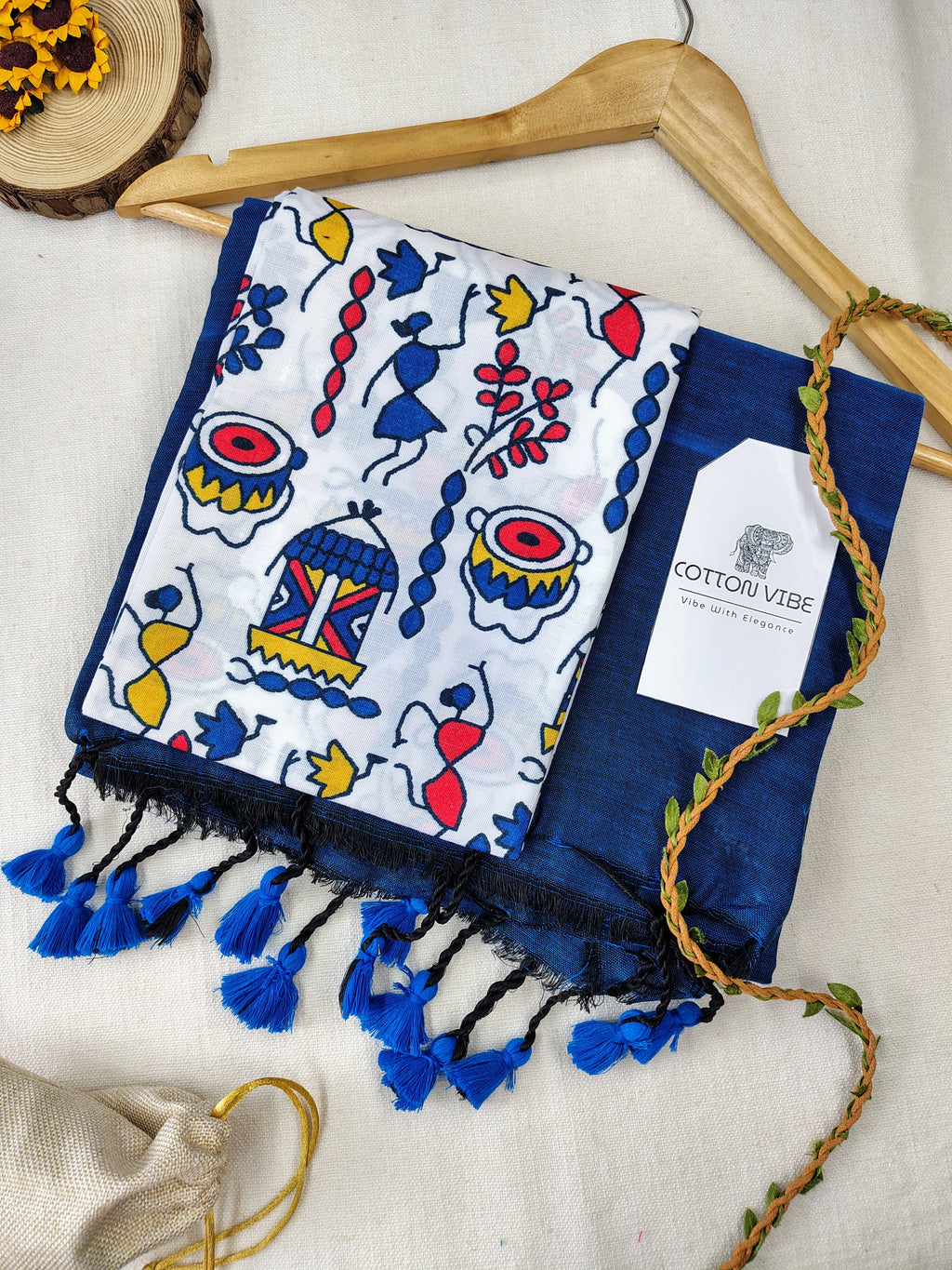 Petrol Cotton Khadi Saree With Designer Flower Based Printed Blouse