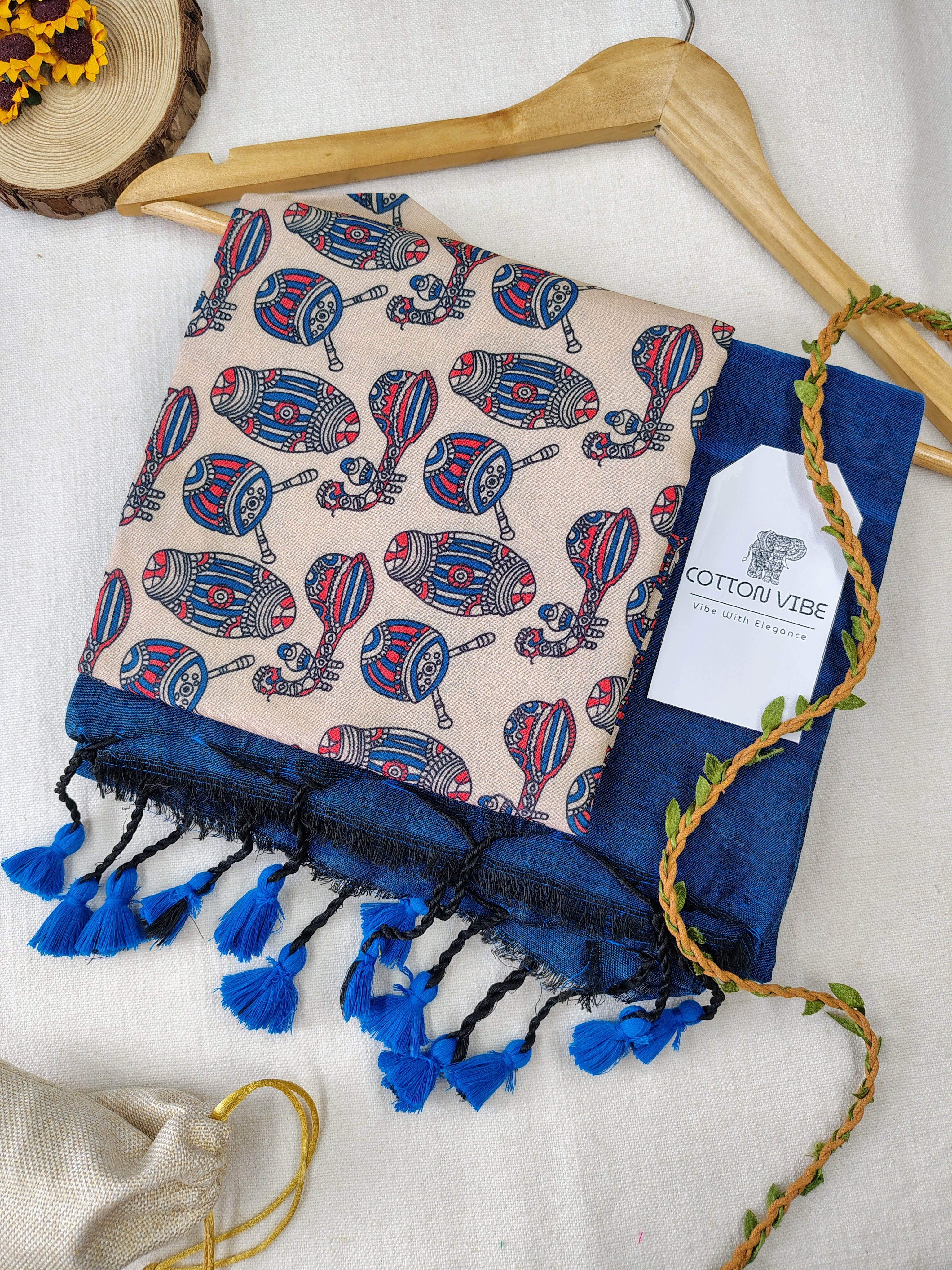 Blue Cotton Khadi Saree With Designer Flower Based Printed Blouse