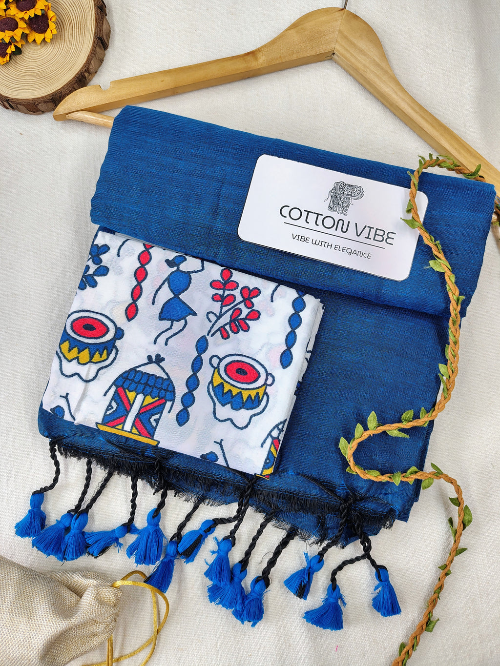 Petrol Cotton Khadi Saree With Designer Flower Based Printed Blouse