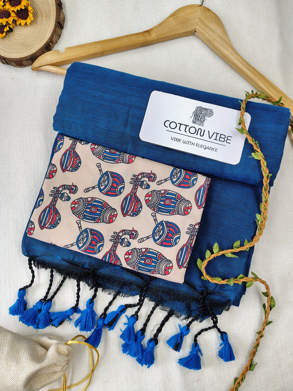 Blue Cotton Khadi Saree With Designer Flower Based Printed Blouse