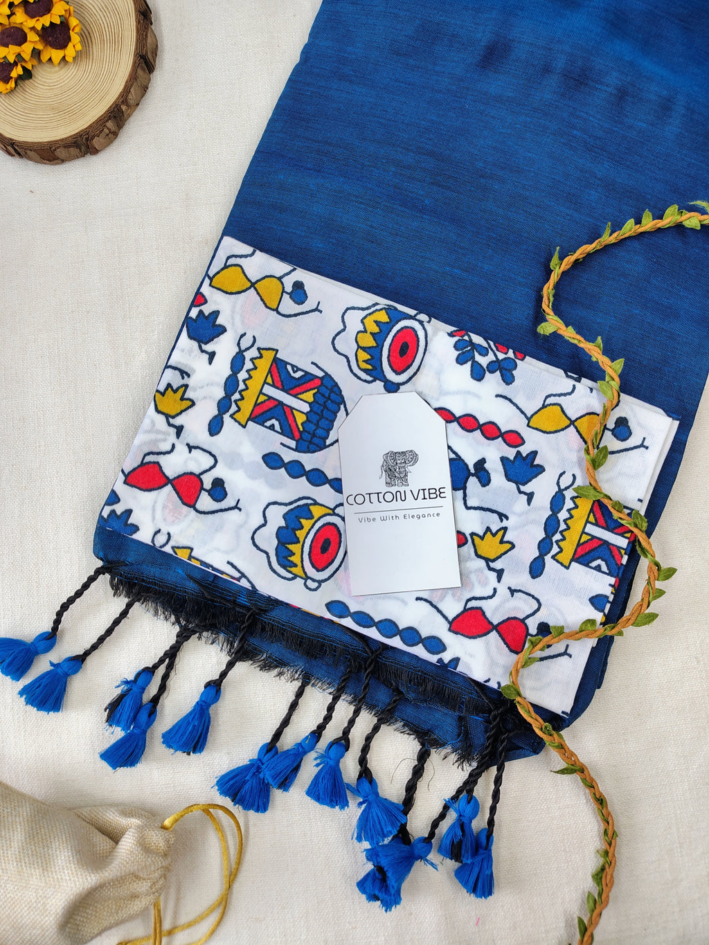 Petrol Cotton Khadi Saree With Designer Flower Based Printed Blouse