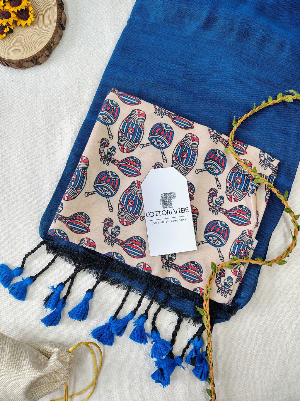 Blue Cotton Khadi Saree With Designer Flower Based Printed Blouse