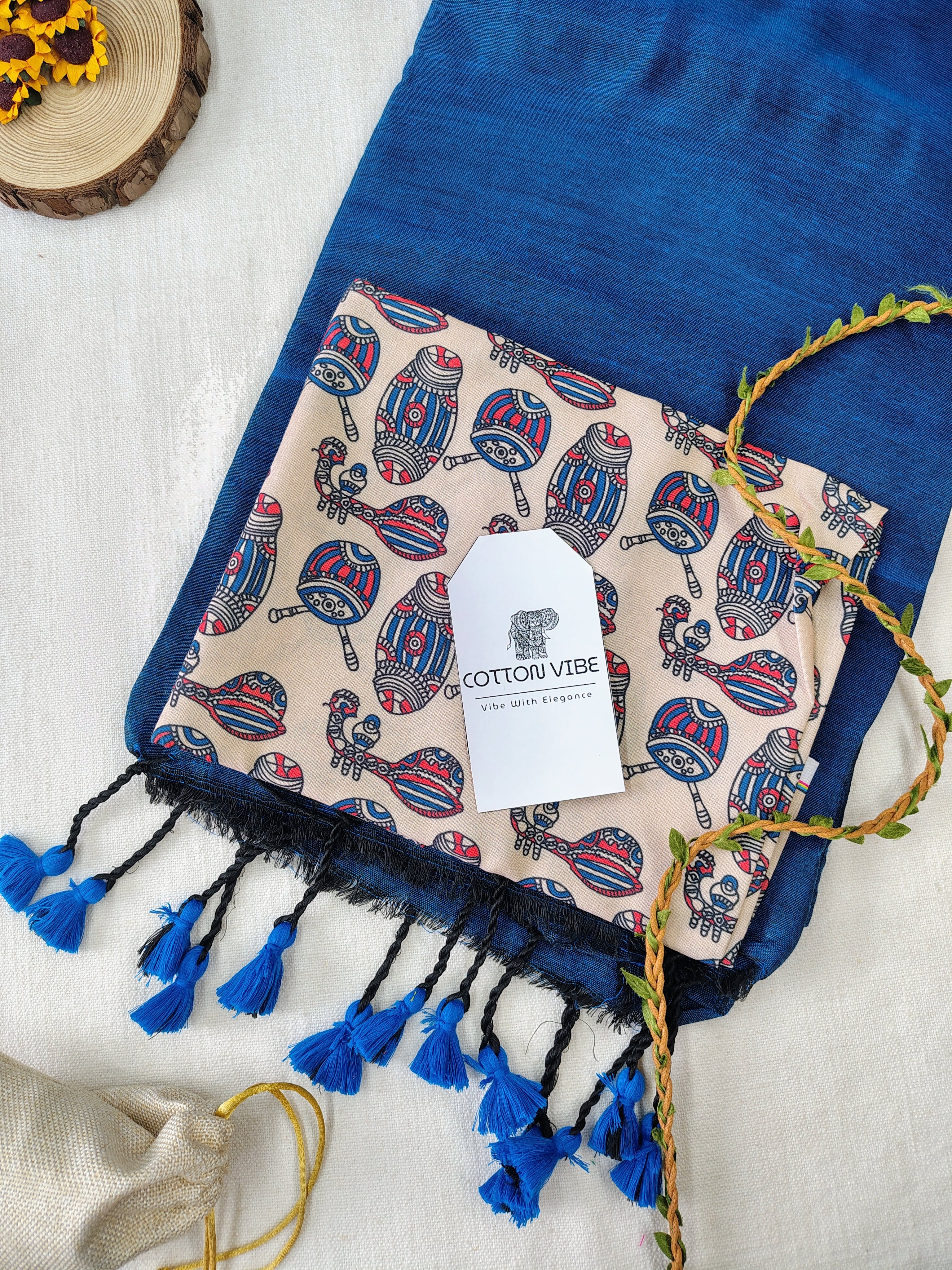 Blue Cotton Khadi Saree With Designer Flower Based Printed Blouse