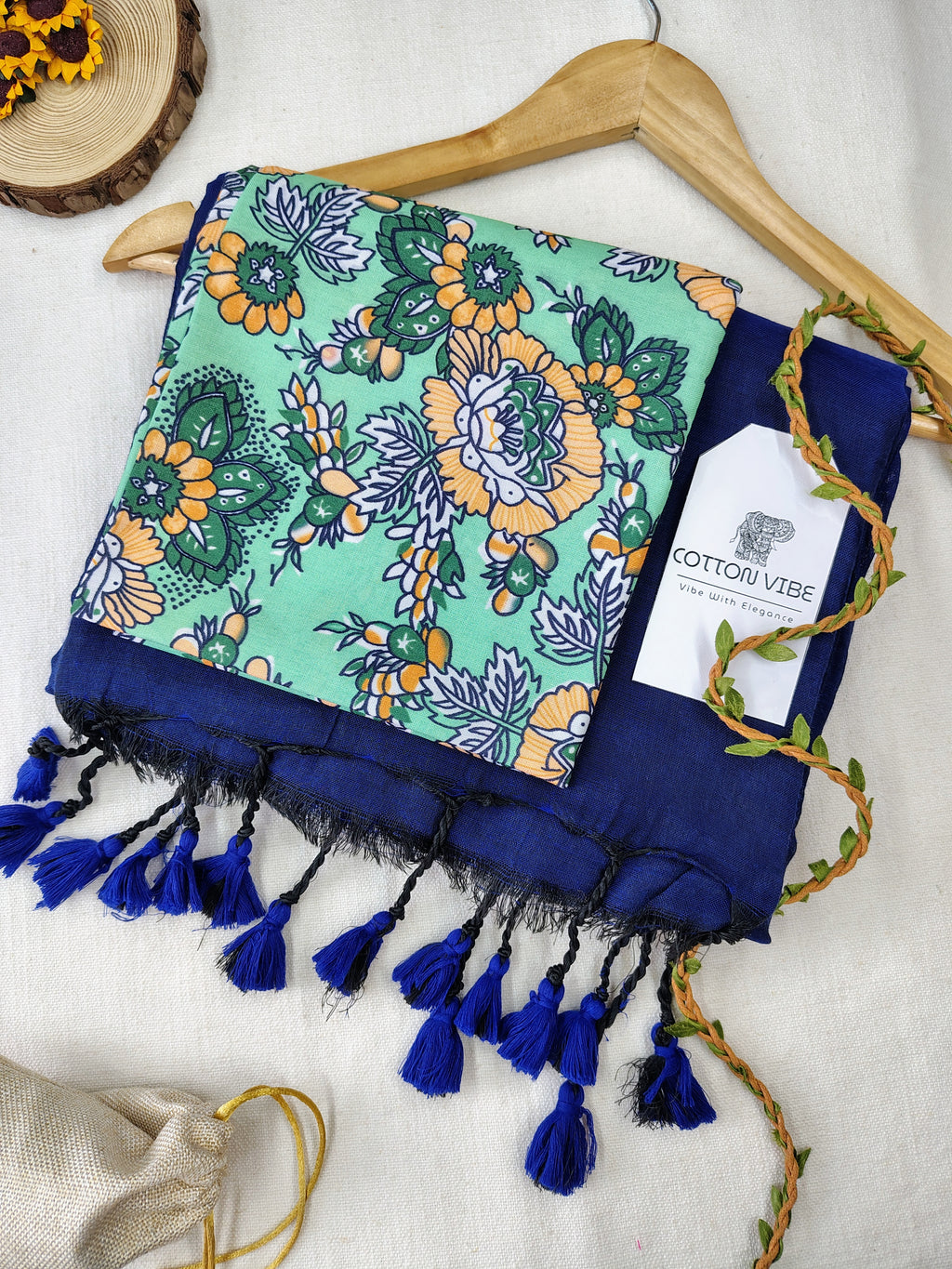 Blue Cotton Khadi Saree With Designer Flower Based Printed Blouse