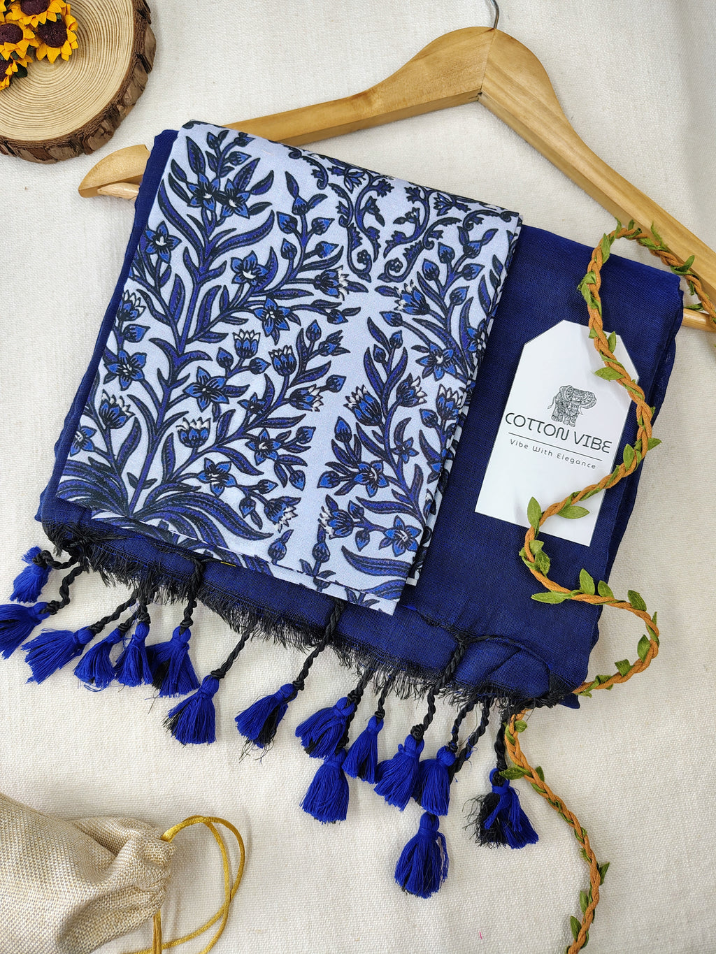 Blue Cotton Khadi Saree With Designer Flower Based Printed Blouse