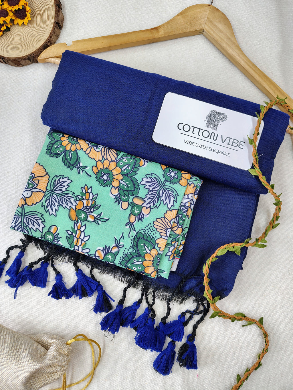 Blue Cotton Khadi Saree With Designer Flower Based Printed Blouse