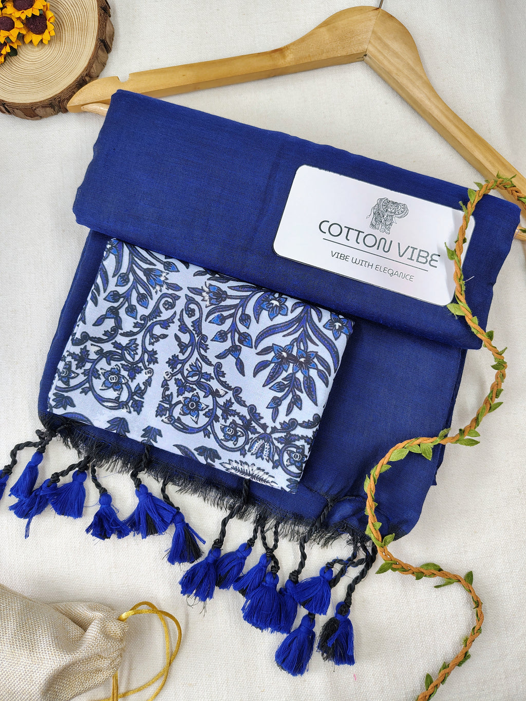 Blue Cotton Khadi Saree With Designer Flower Based Printed Blouse